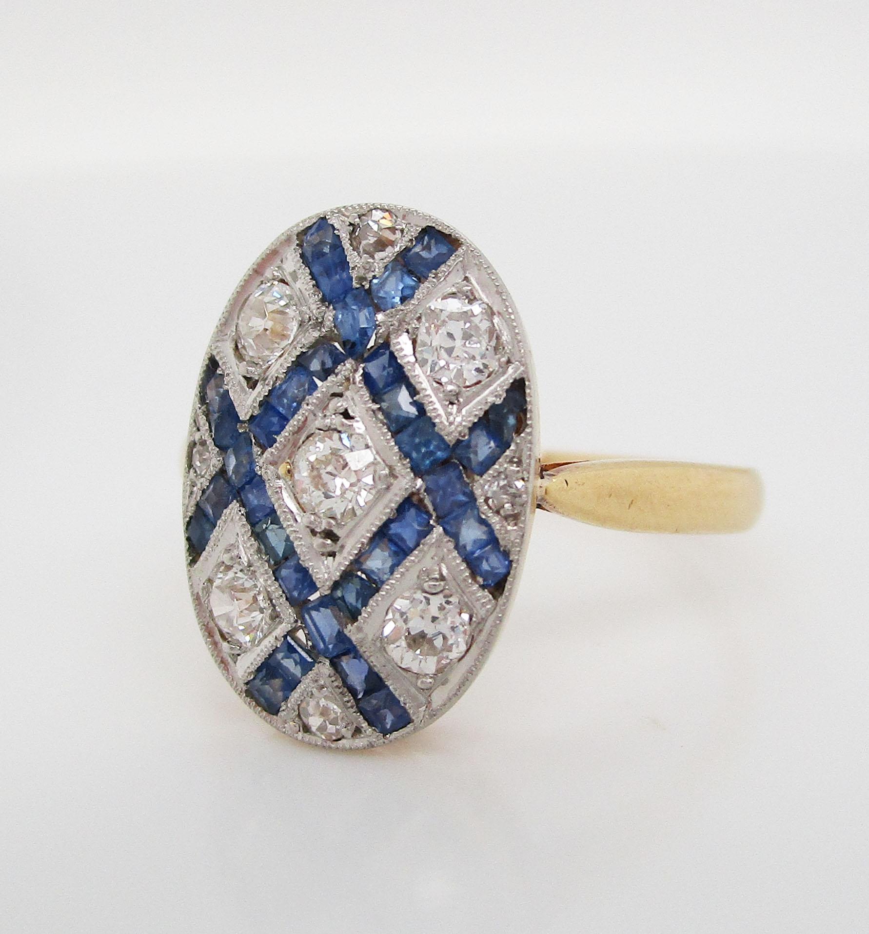 French Cut French Art Deco Diamond Sapphire Platinum on 18 Karat Gold Ring