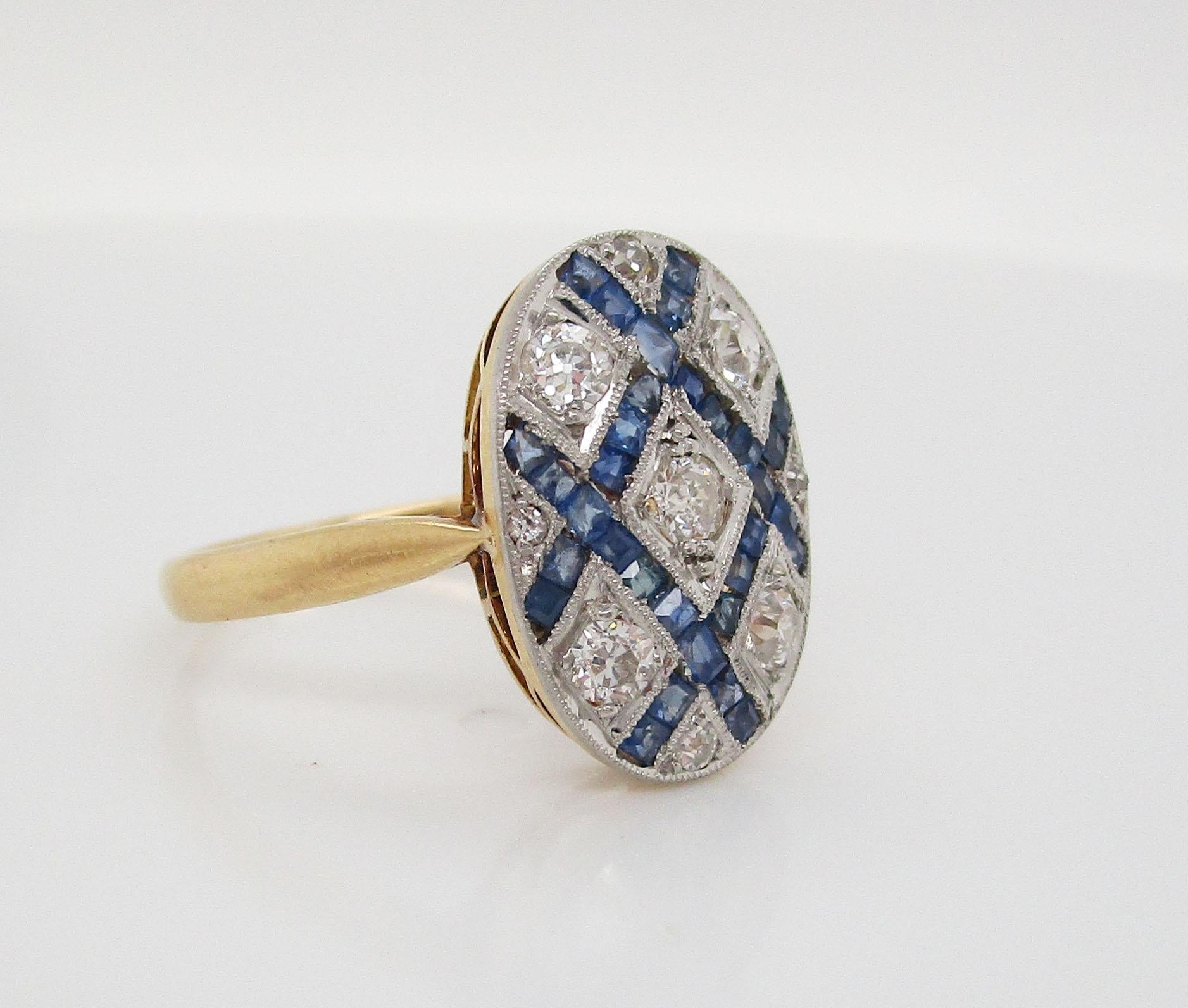 French Art Deco Diamond Sapphire Platinum on 18 Karat Gold Ring In Excellent Condition In Lexington, KY