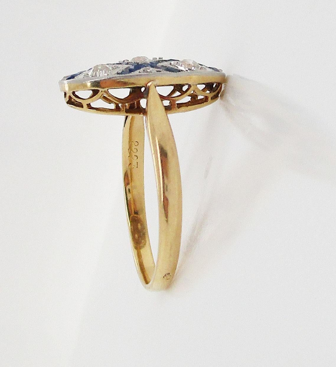 Women's or Men's French Art Deco Diamond Sapphire Platinum on 18 Karat Gold Ring