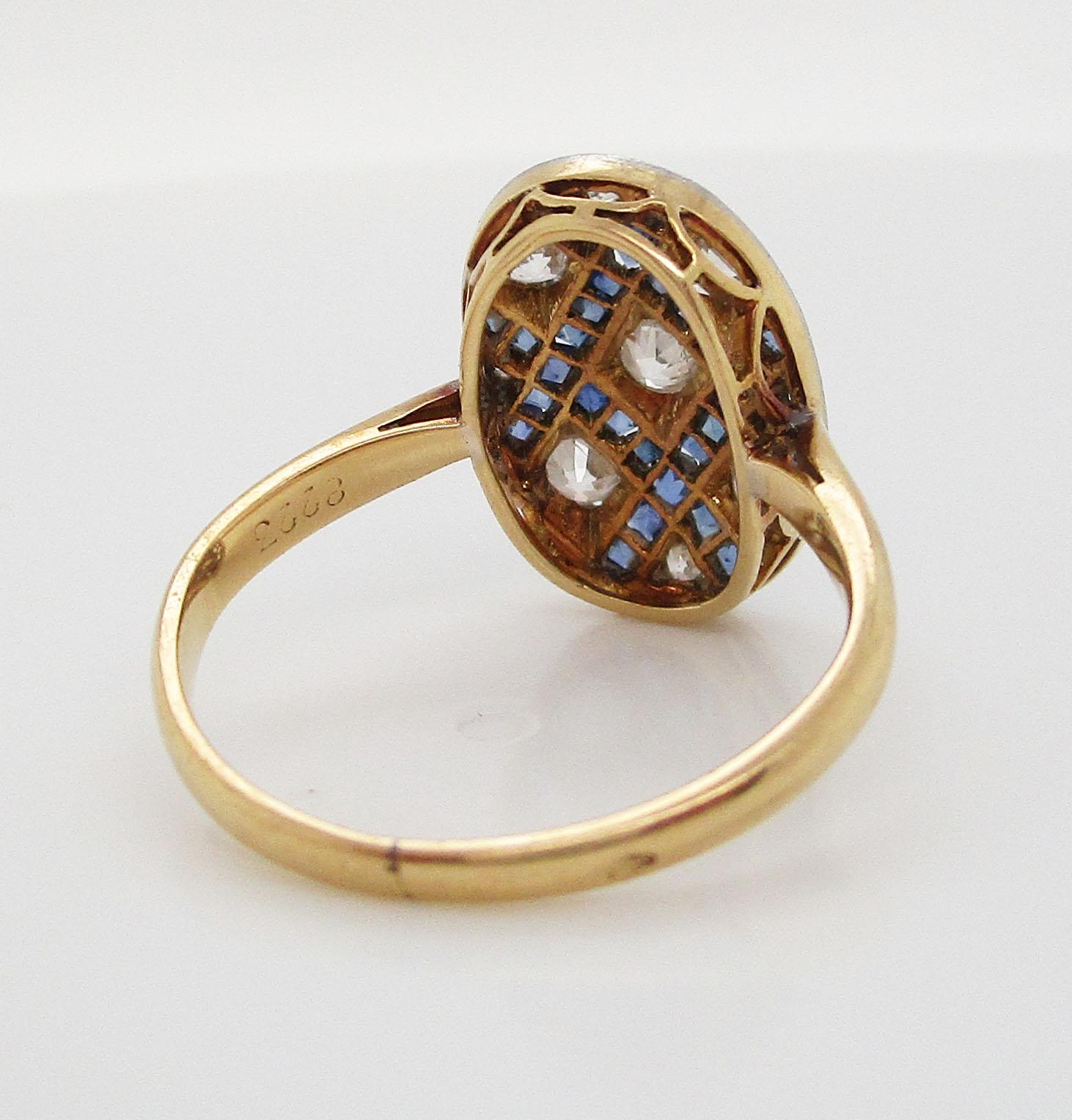 French Art Deco Diamond Sapphire Platinum on 18 Karat Gold Ring 1