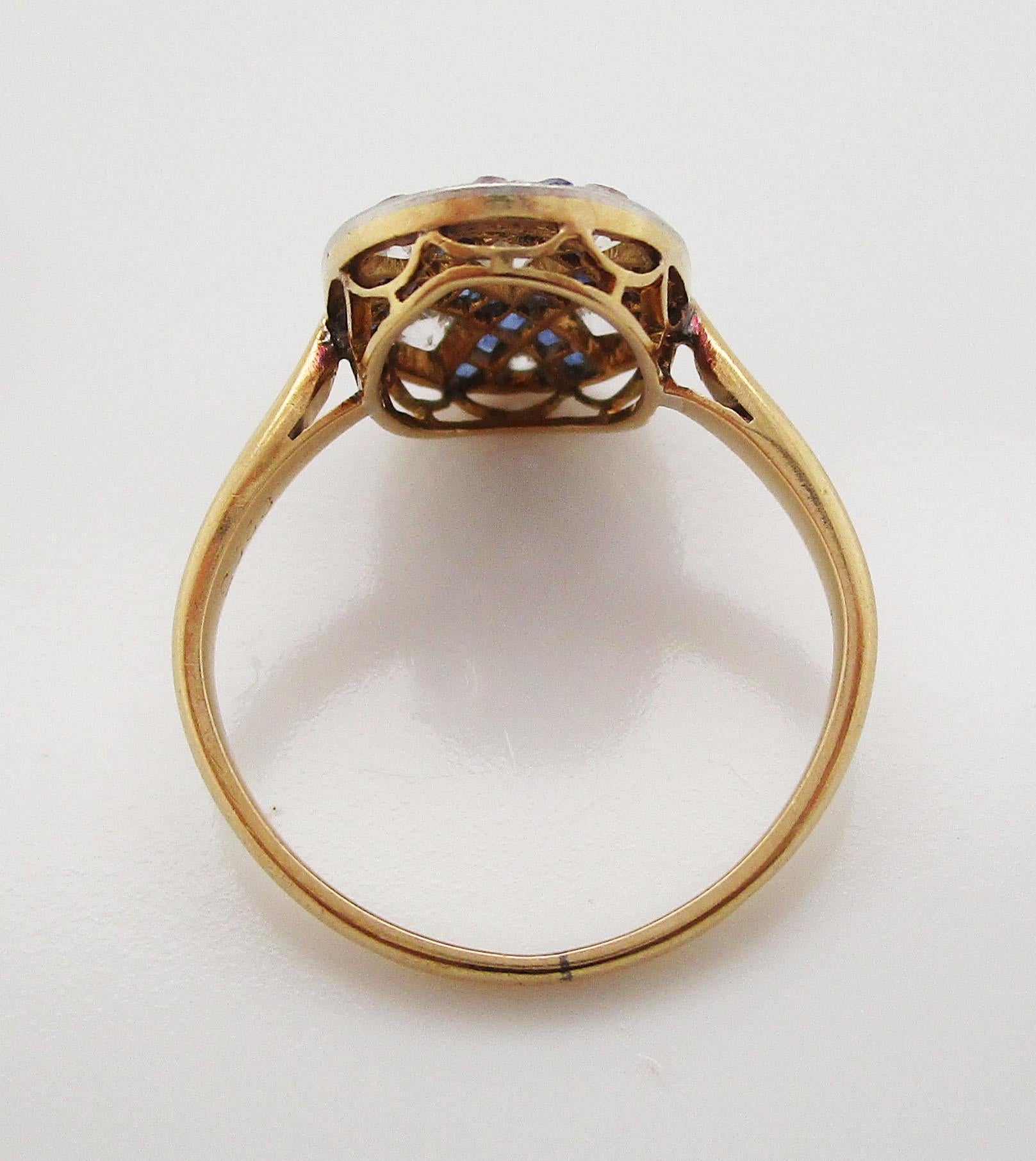 French Art Deco Diamond Sapphire Platinum on 18 Karat Gold Ring 2