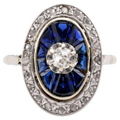 Antique French Art Deco Diamond Sapphire White Gold Engagement Ring