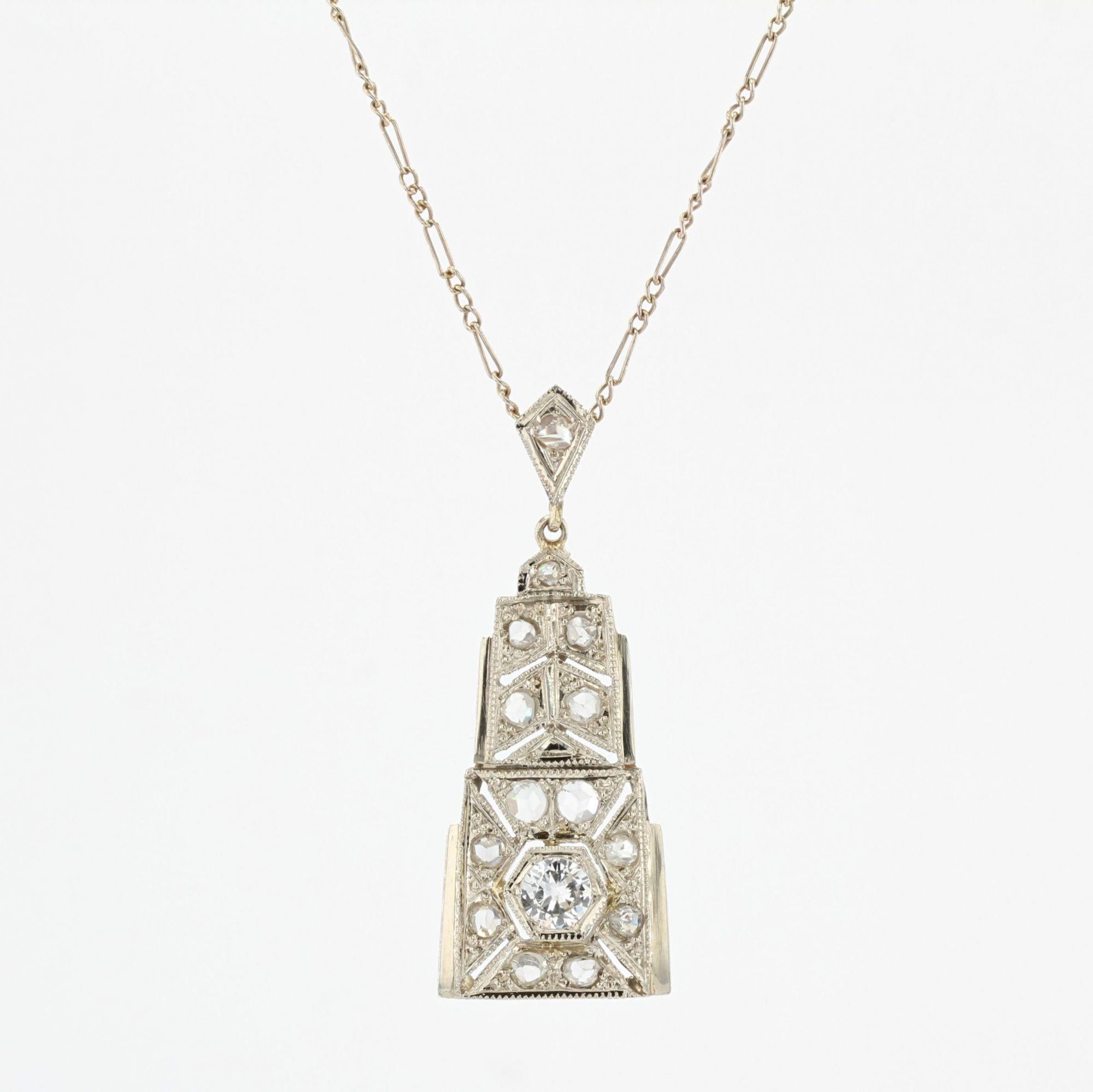 French Art Deco Diamonds 18 Karat White Gold Pendant Necklace For Sale 6