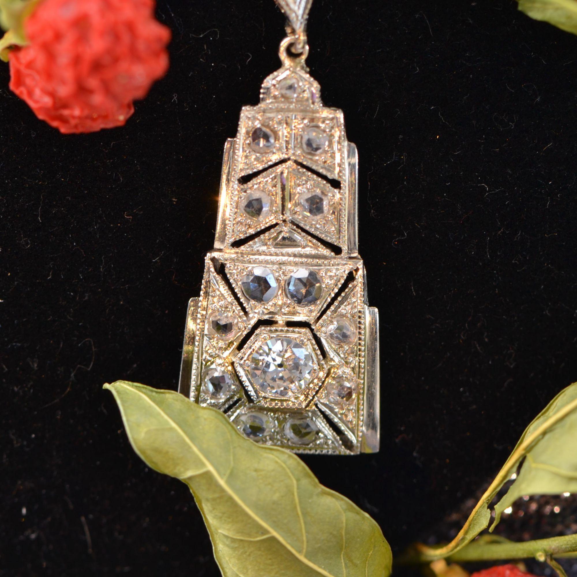 French Art Deco Diamonds 18 Karat White Gold Pendant Necklace For Sale 8