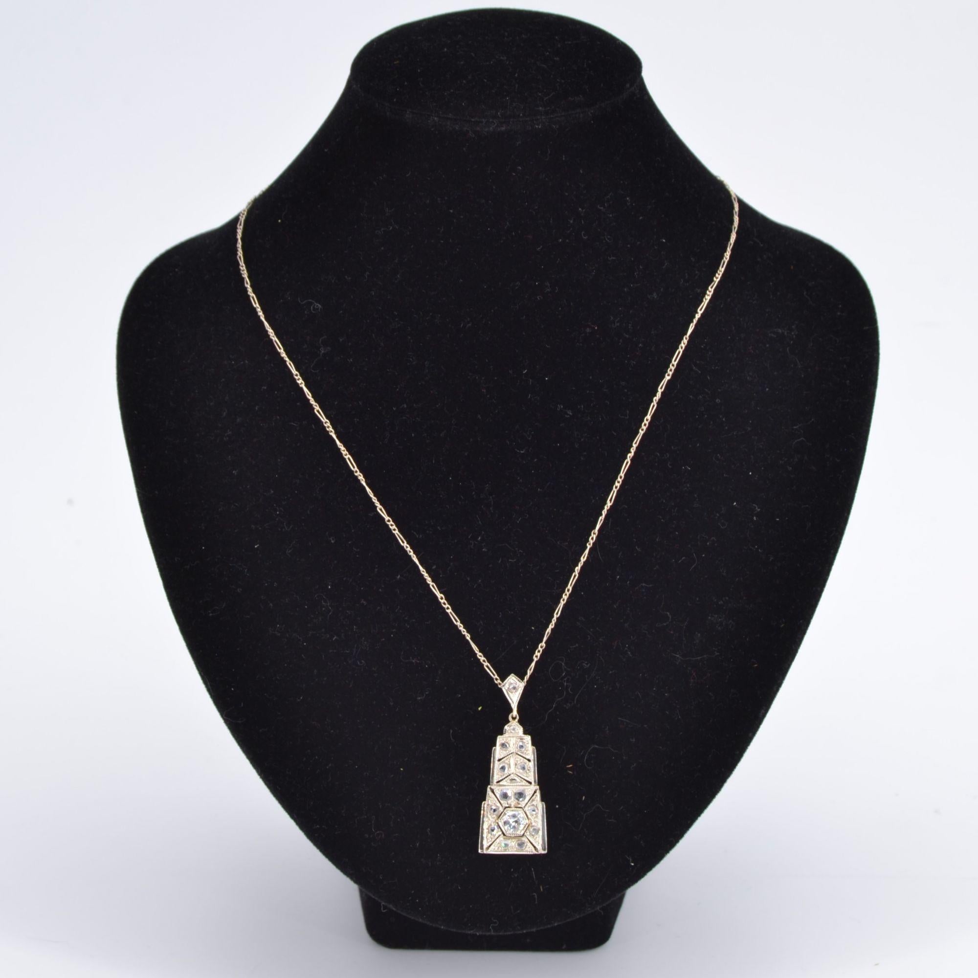 Brilliant Cut French Art Deco Diamonds 18 Karat White Gold Pendant Necklace For Sale