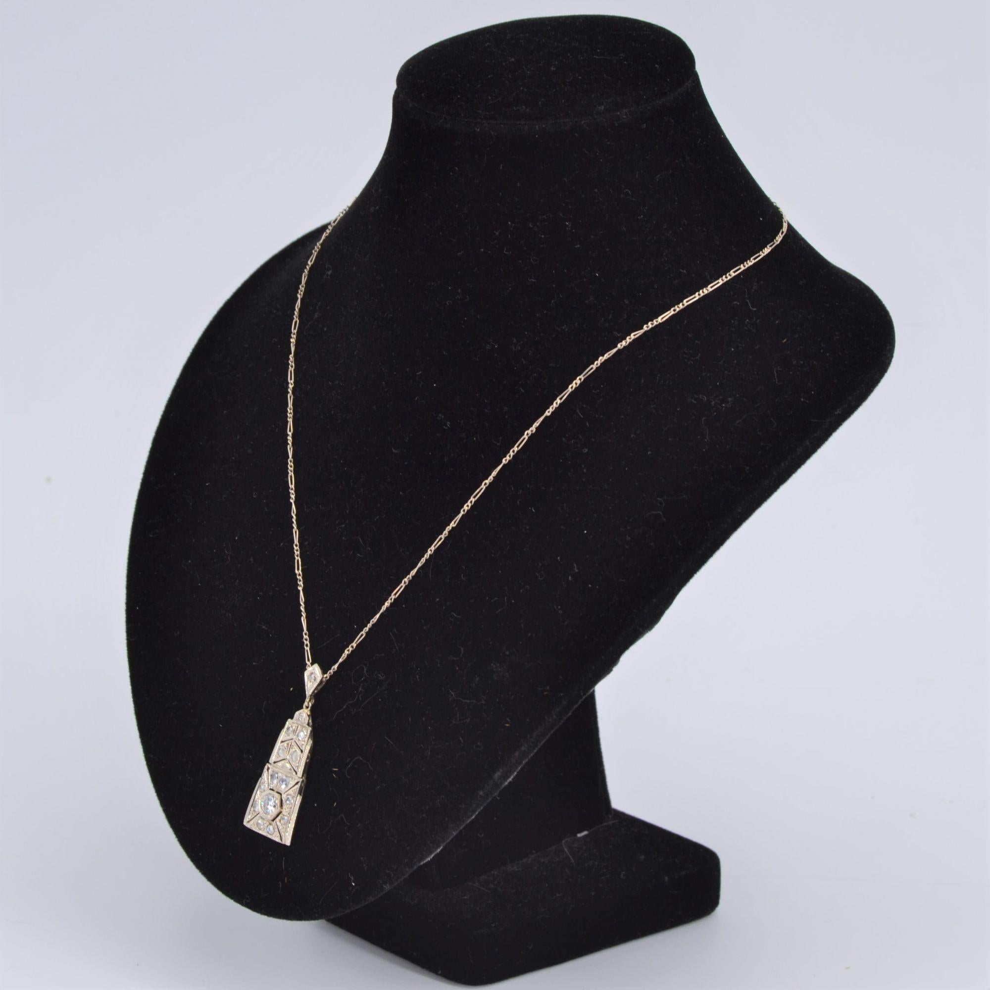 Women's French Art Deco Diamonds 18 Karat White Gold Pendant Necklace For Sale