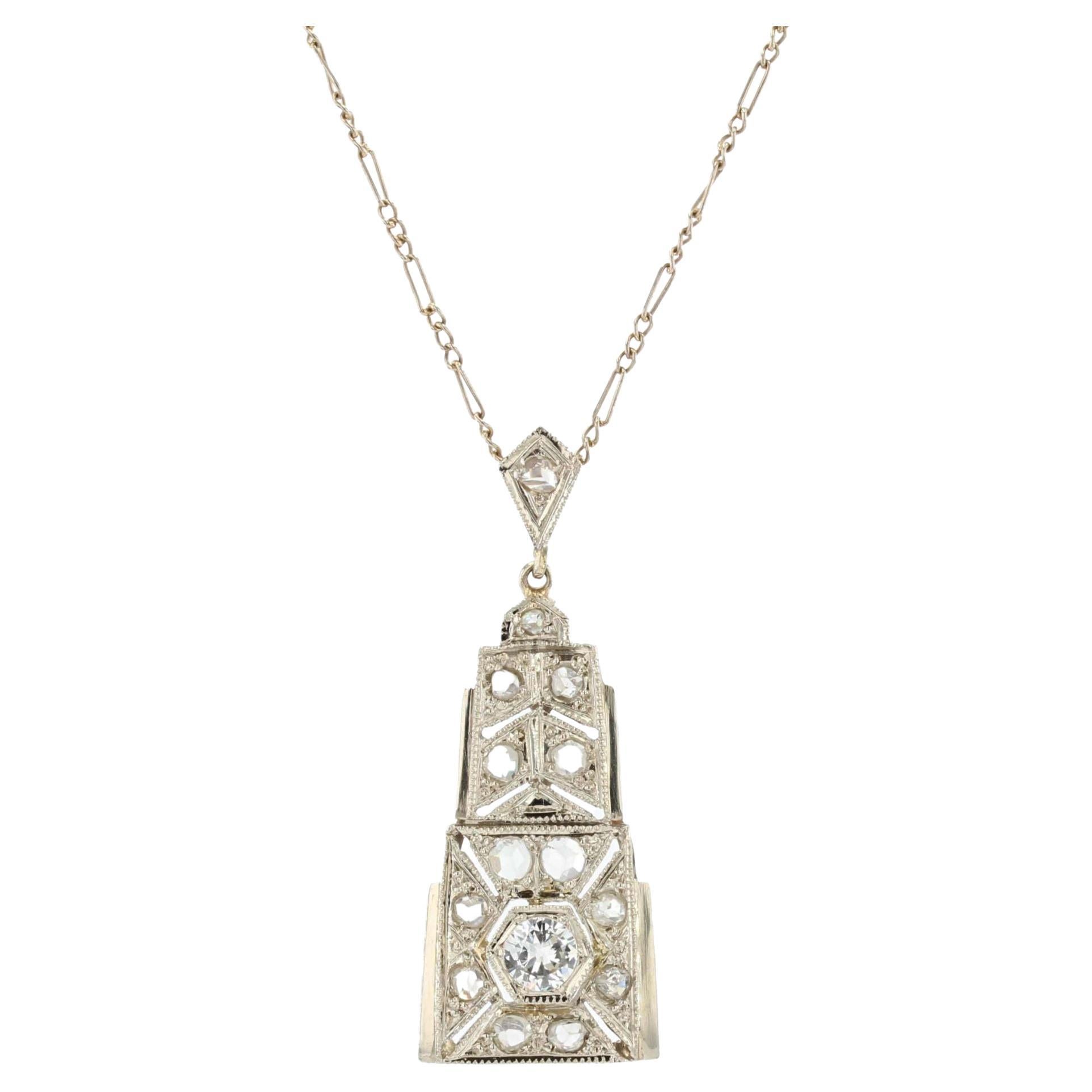 French Art Deco Diamonds 18 Karat White Gold Pendant Necklace For Sale