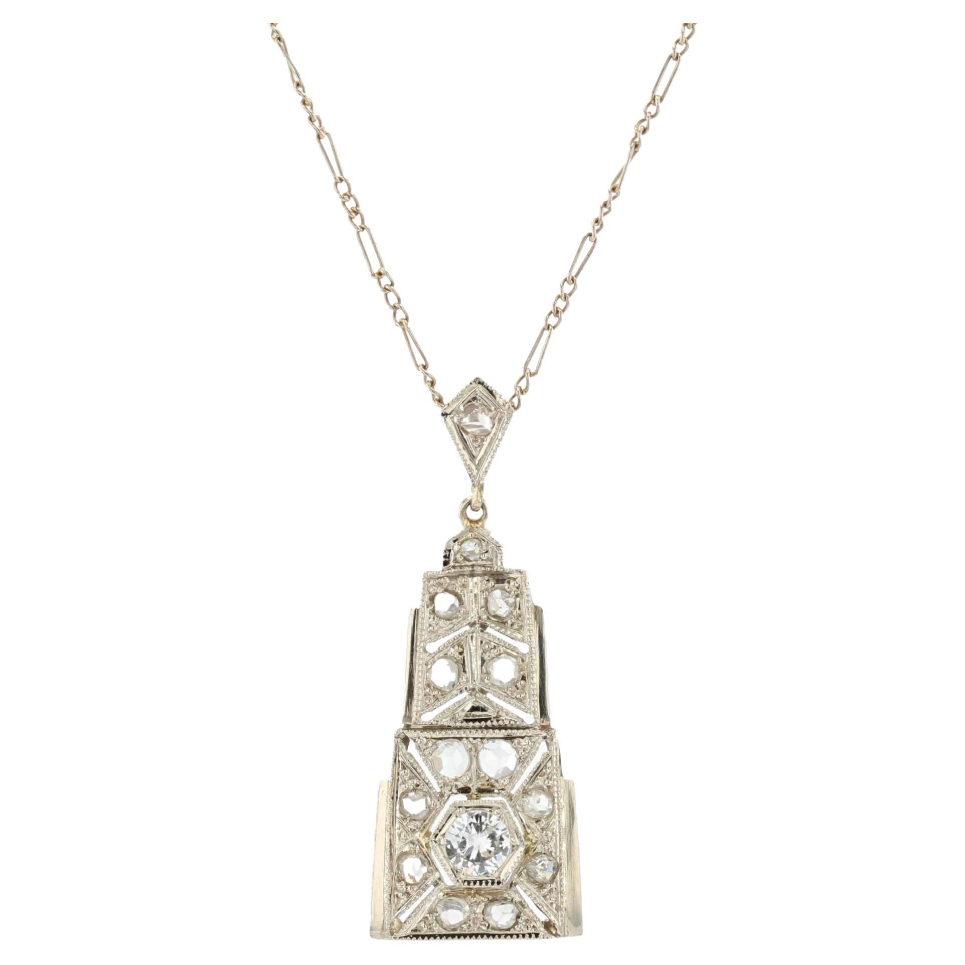 French Art Deco Diamonds 18 Karat White Gold Pendant Necklace