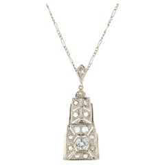 Vintage French Art Deco Diamonds 18 Karat White Gold Pendant Necklace