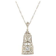 French Art Deco Diamonds 18 Karat White Gold Pendant Necklace