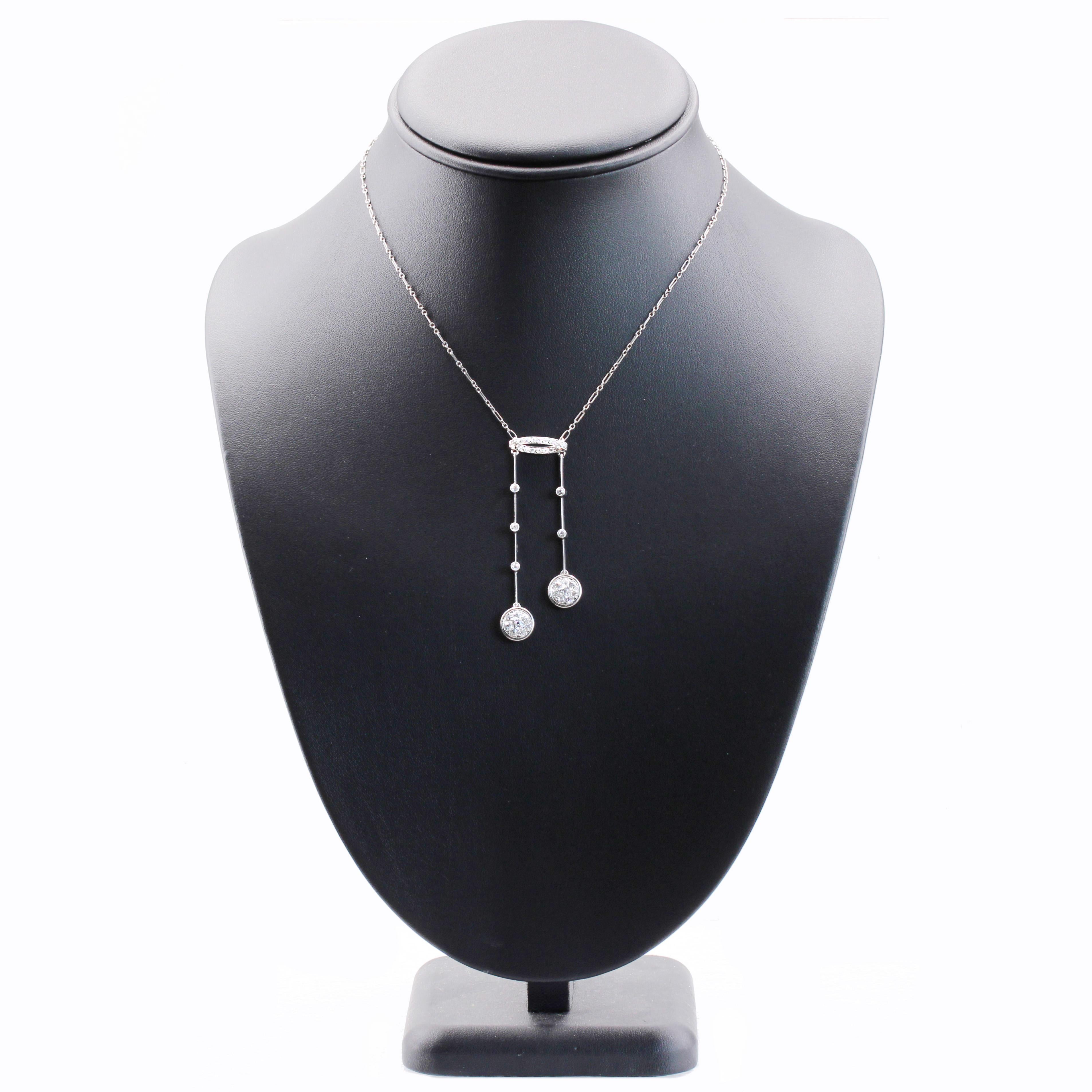 French Art Deco Diamonds  18 Karat White Gold Platinum Neglige Necklace For Sale 2