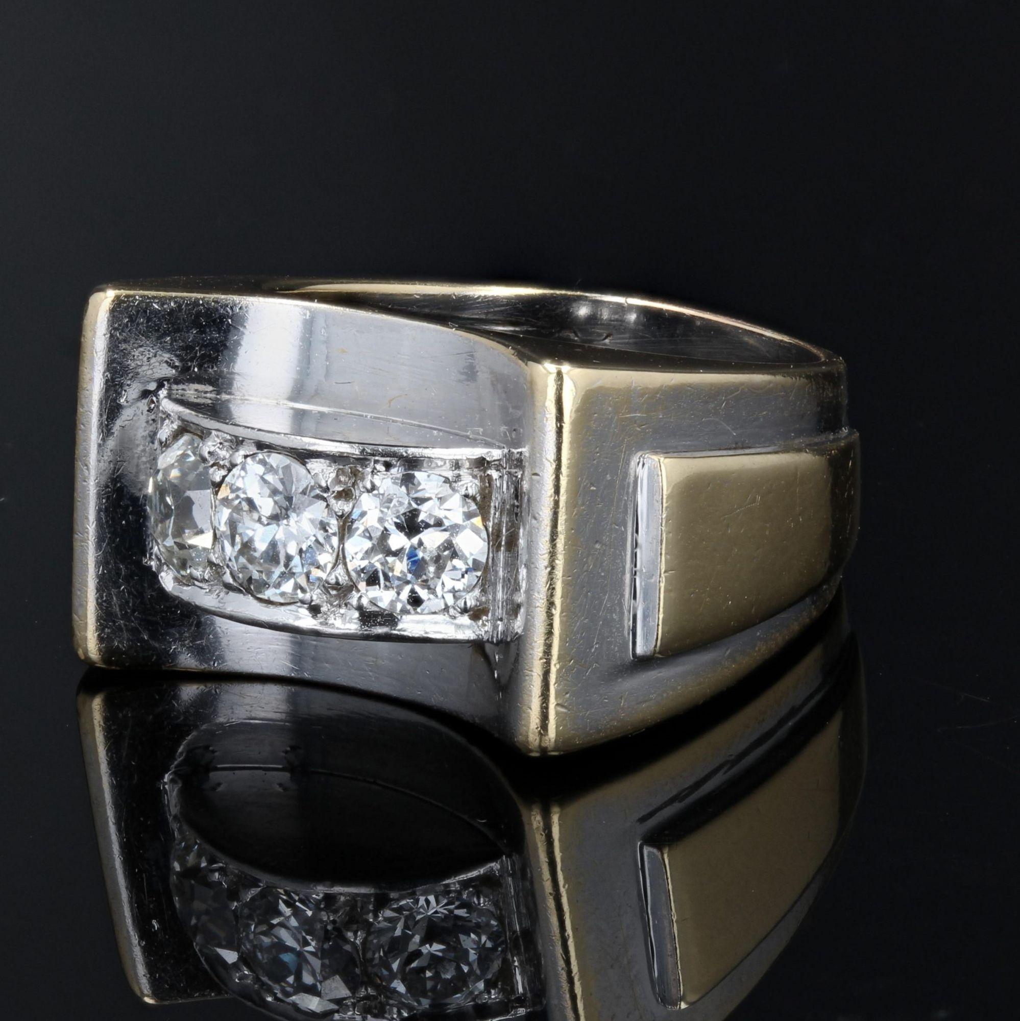 French Art Deco Diamonds 18 Karat Yellow White Gold Ring In Good Condition In Poitiers, FR