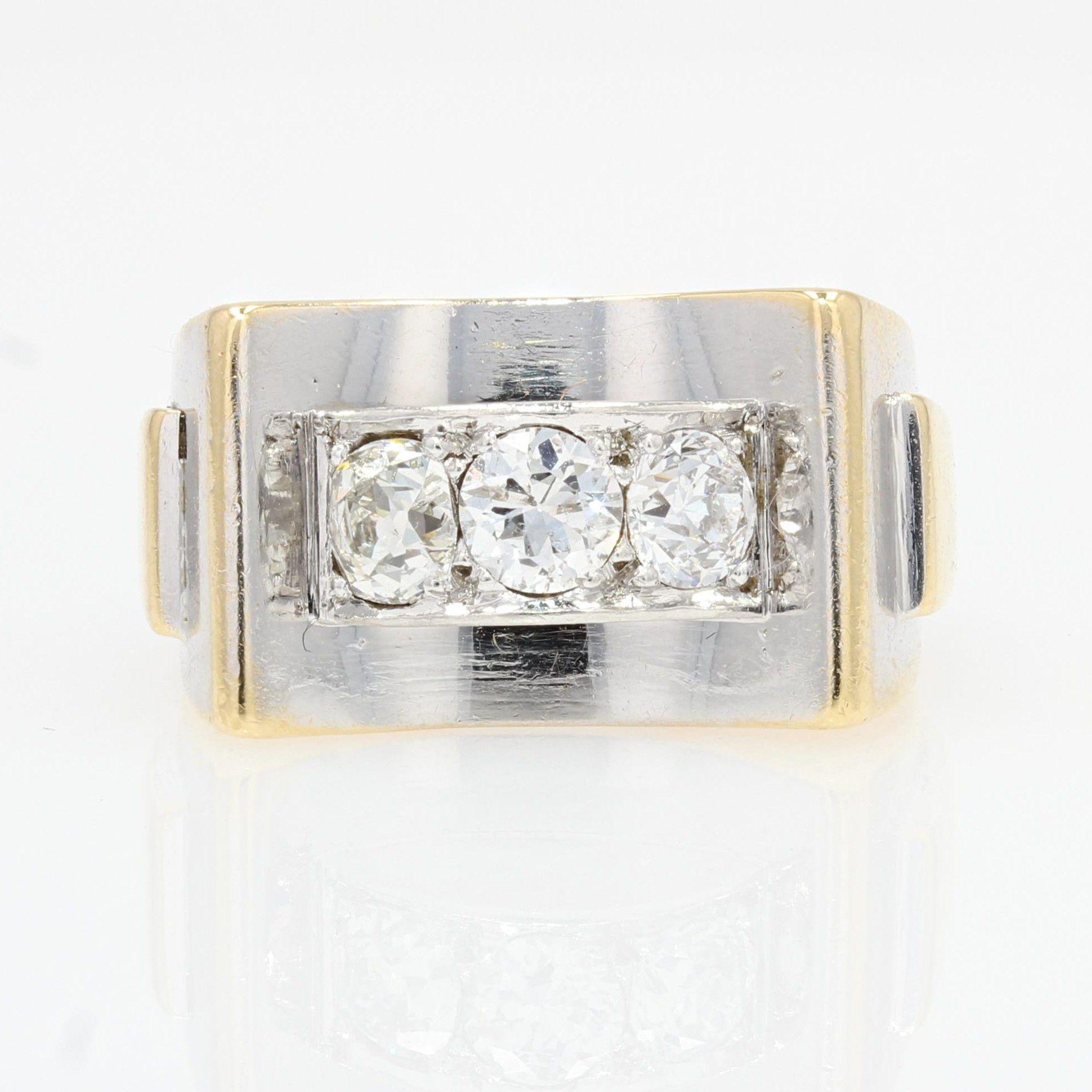 French Art Deco Diamonds 18 Karat Yellow White Gold Ring 1