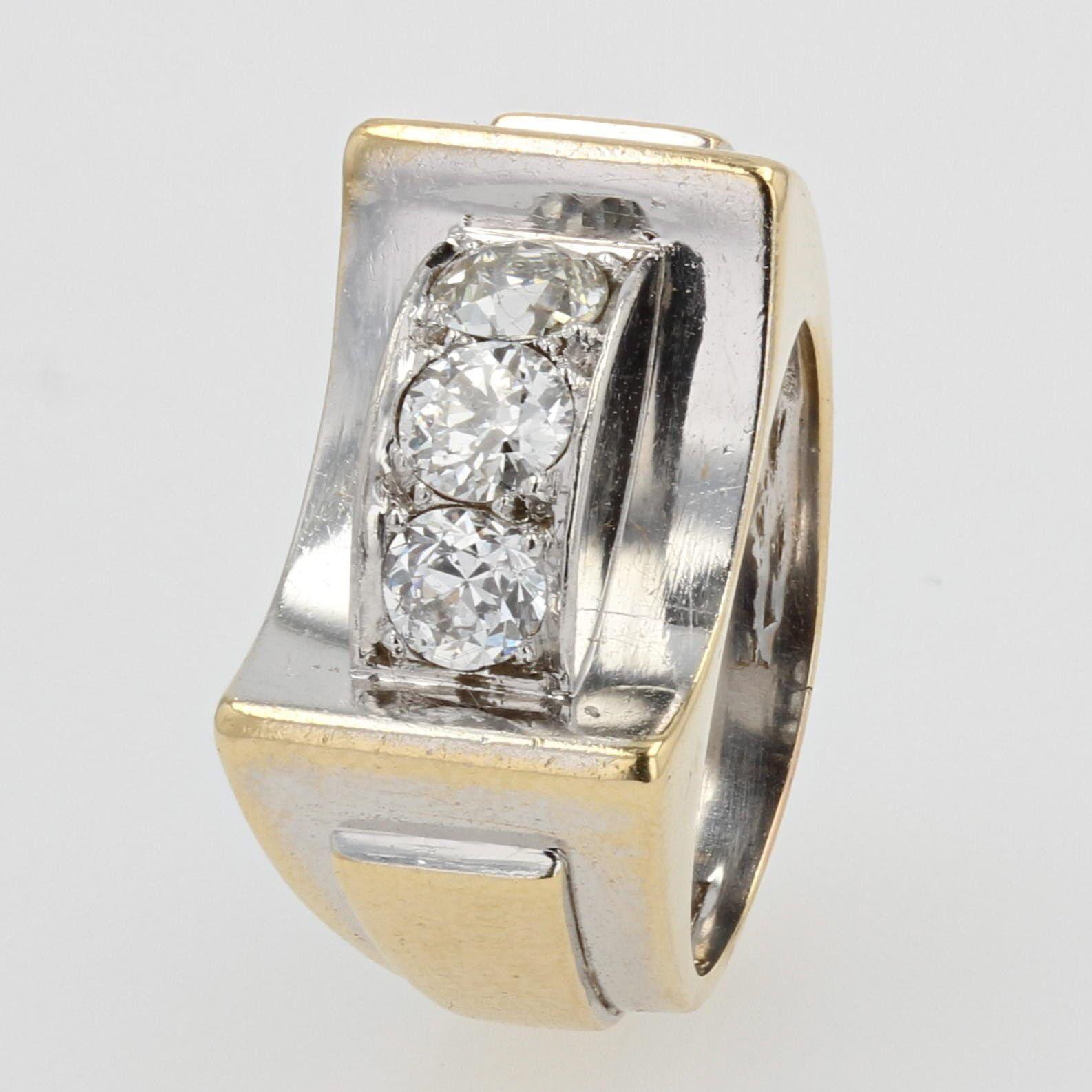 French Art Deco Diamonds 18 Karat Yellow White Gold Ring 3