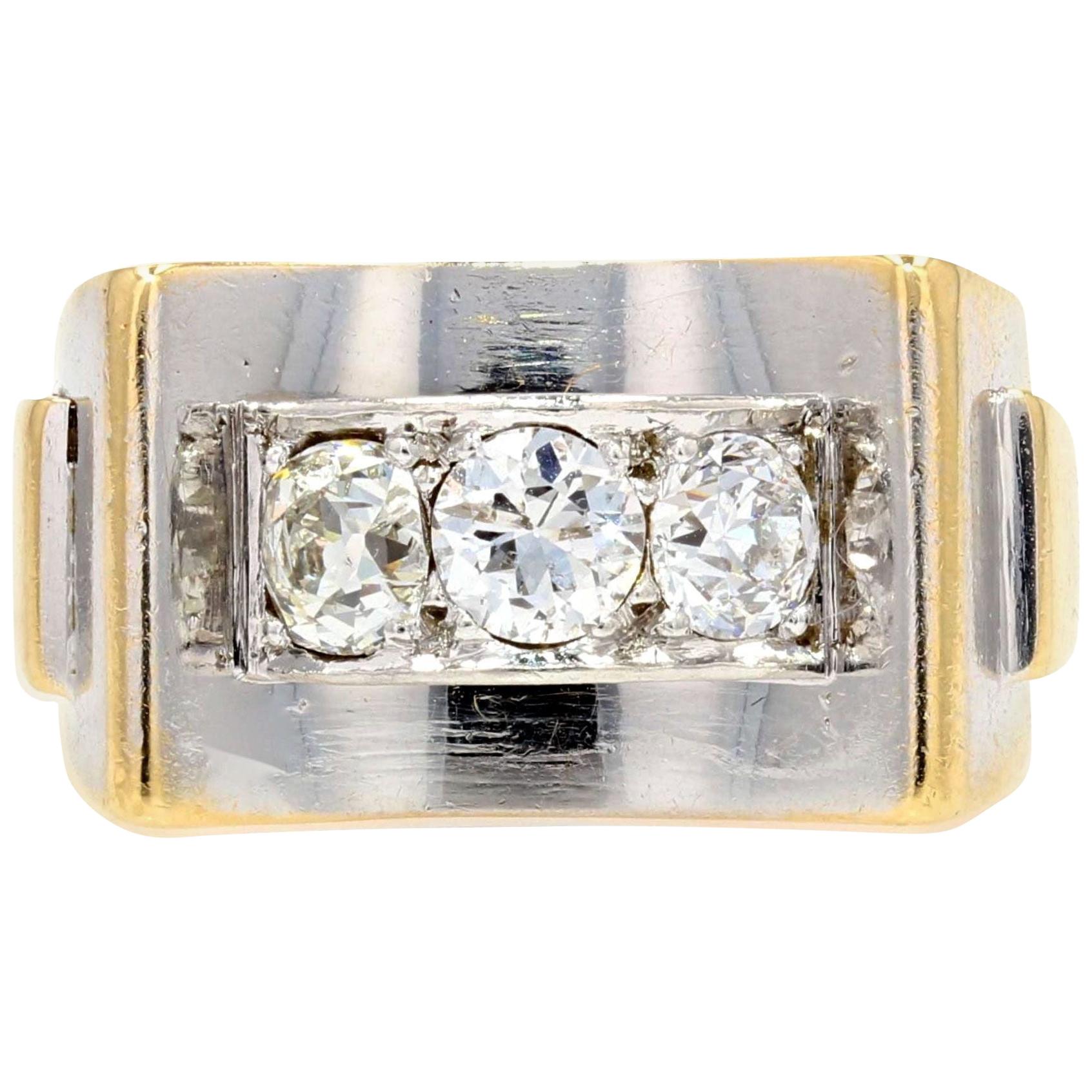 French Art Deco Diamonds 18 Karat Yellow White Gold Ring
