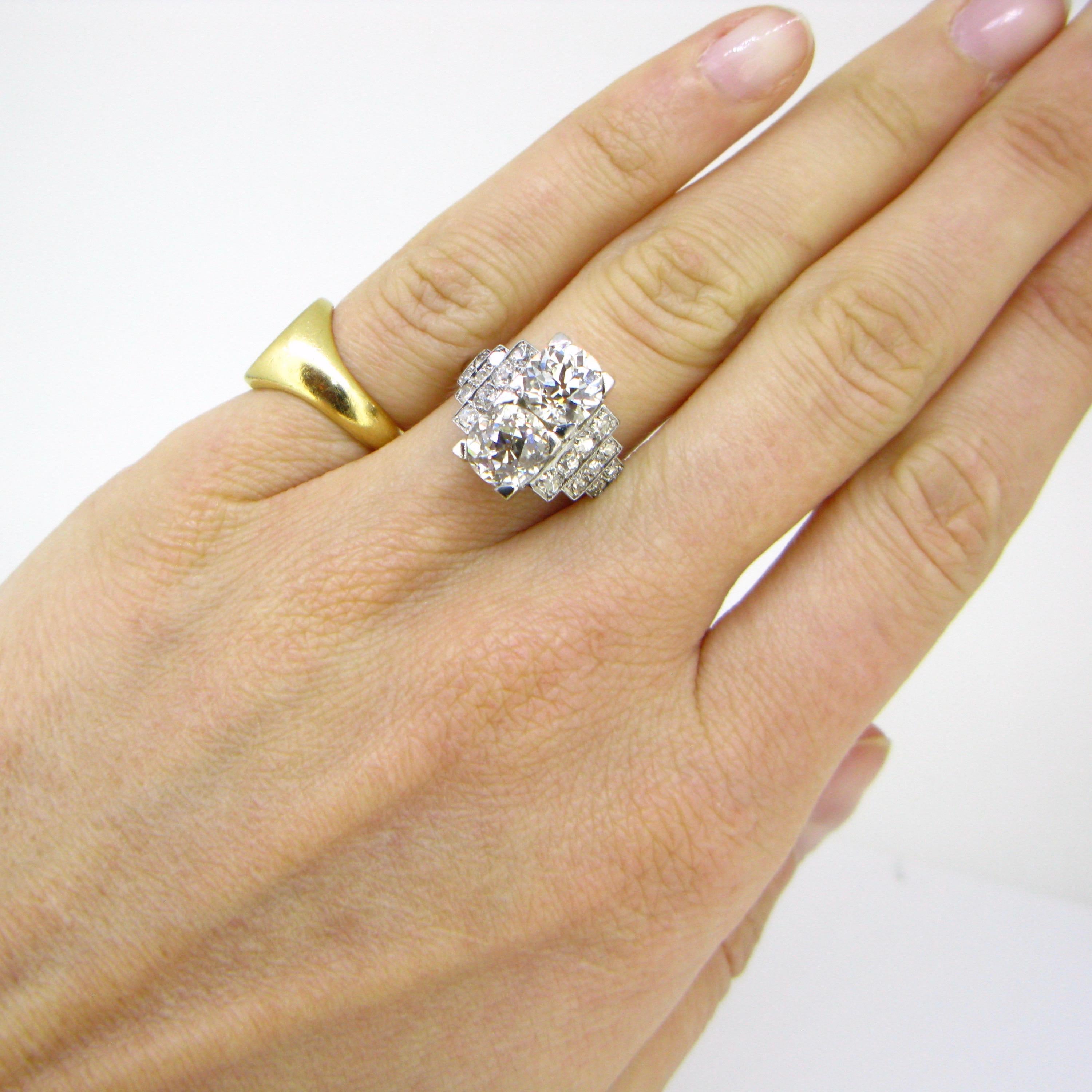 French Art Deco Diamonds Geometric Platinum Ring 2