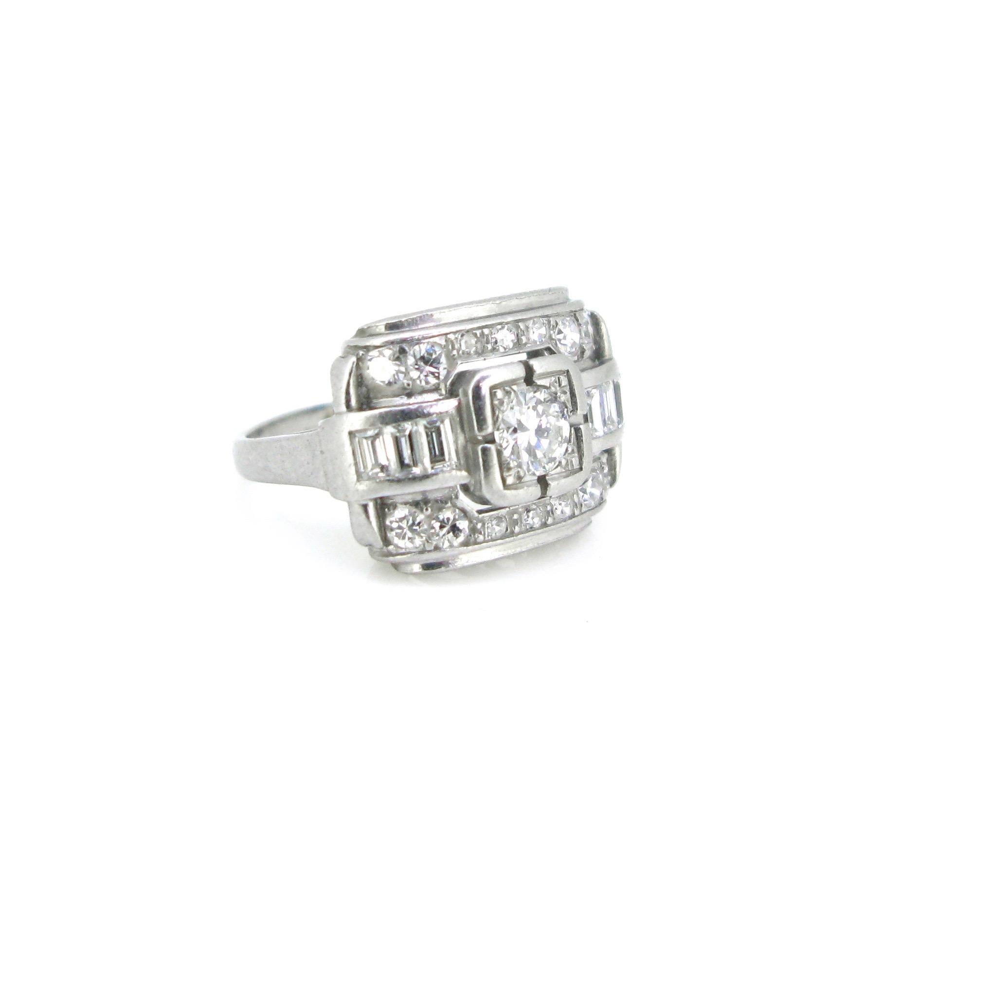 Women's or Men's French Art Deco Diamonds Round and Baguette Platinum Ring