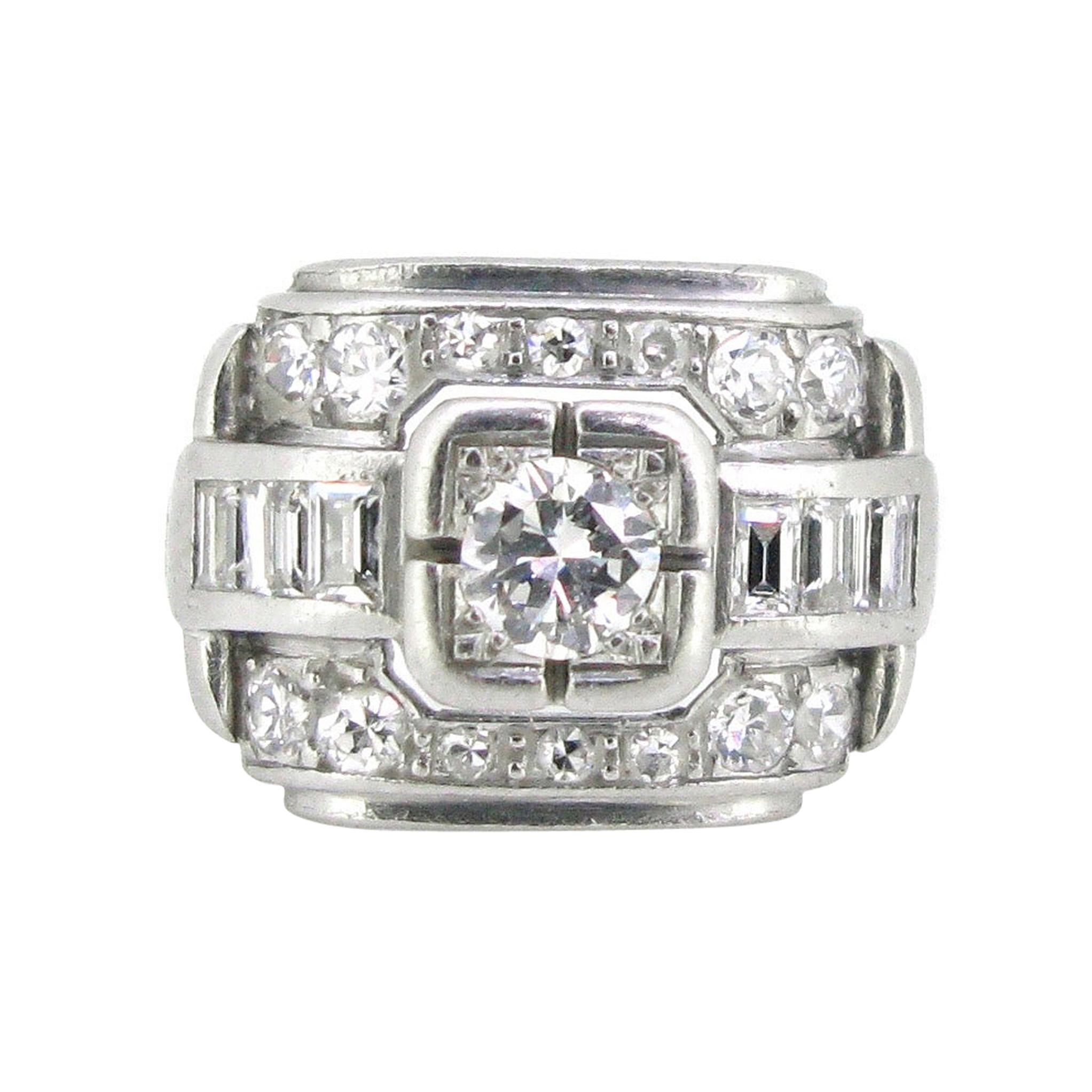 French Art Deco Diamonds Round and Baguette Platinum Ring