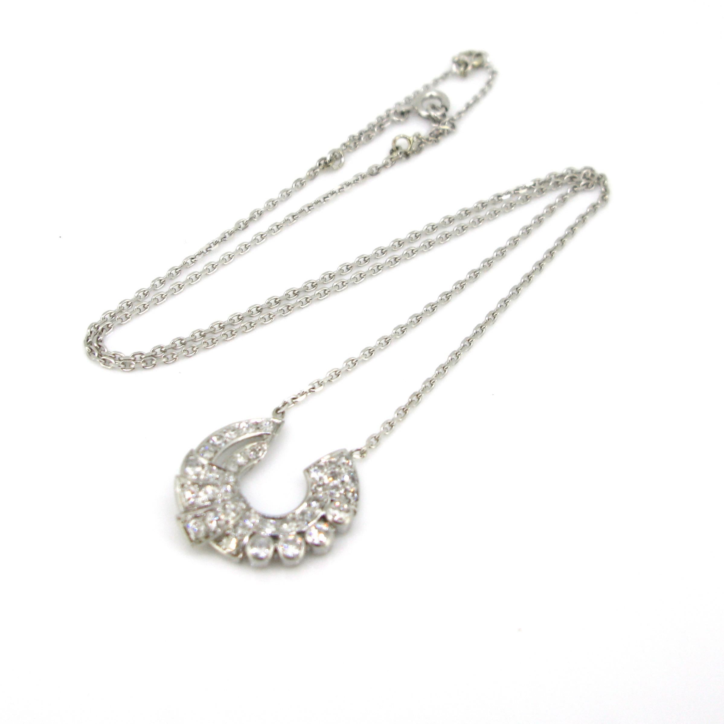 Women's or Men's French Art Deco Diamonds White Gold Platinum Pendant Necklace