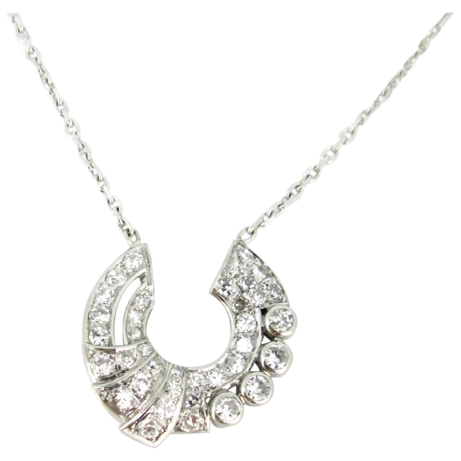 French Art Deco Diamonds White Gold Platinum Pendant Necklace