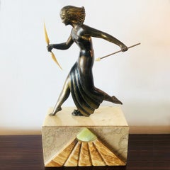 French Art Deco Diana the Huntress Lamp on Marble Base