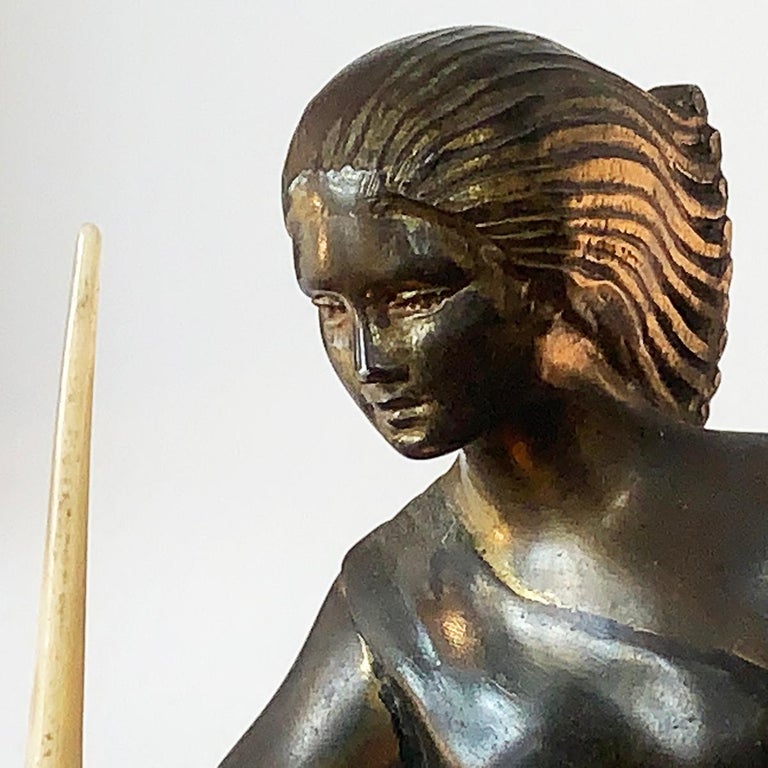 French Art Deco Diana the Huntress Lamp on Marble Base In Good Condition For Sale In Daylesford, Victoria