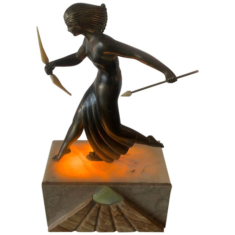 French Art Deco Diana the Huntress Lamp on Marble Base For Sale