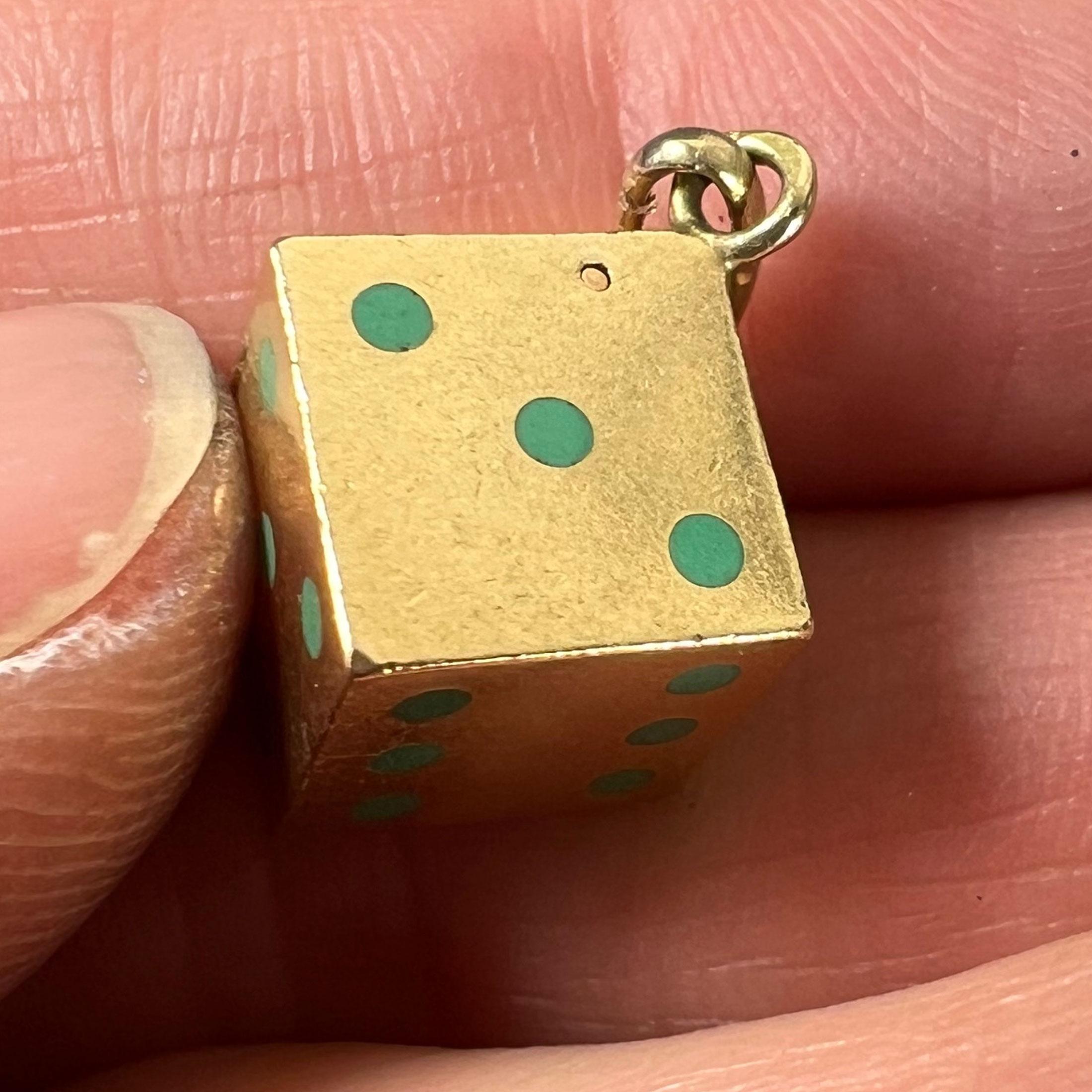 French Art Deco Die with Miniature Dice 18K Yellow Gold Enamel Charm Pendant For Sale 6