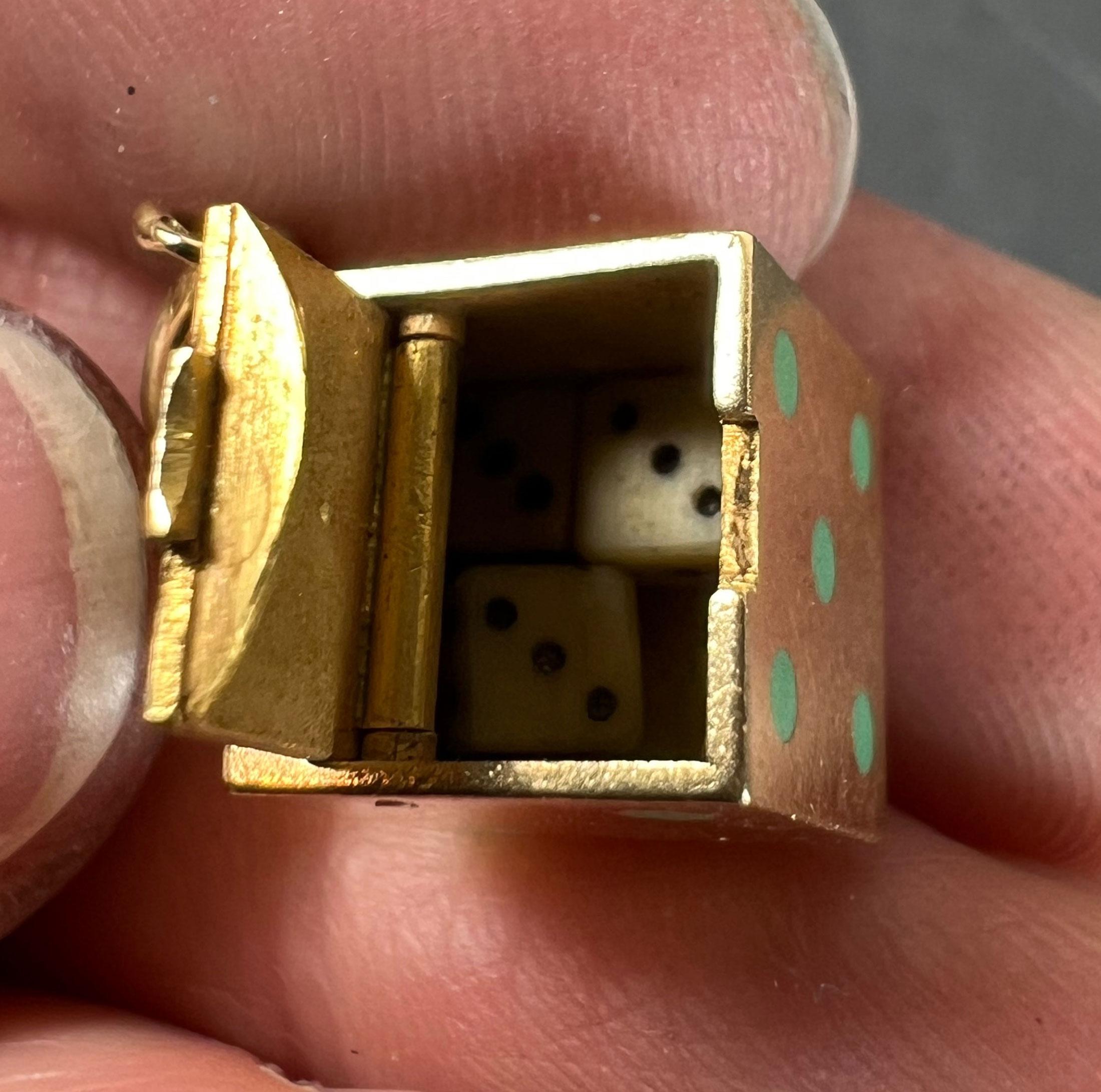 French Art Deco Die with Miniature Dice 18K Yellow Gold Enamel Charm Pendant For Sale 8