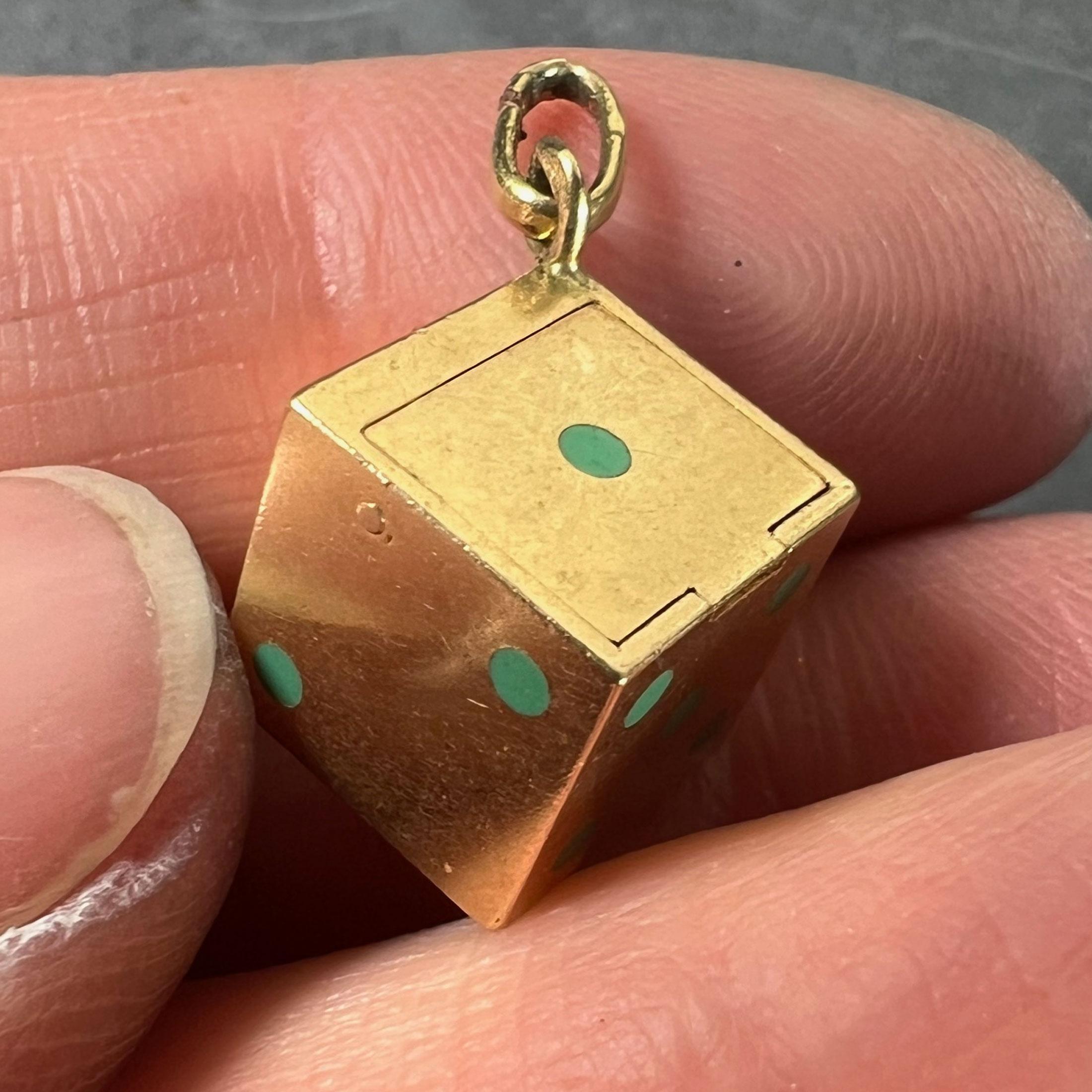 French Art Deco Die with Miniature Dice 18K Yellow Gold Enamel Charm Pendant For Sale 4