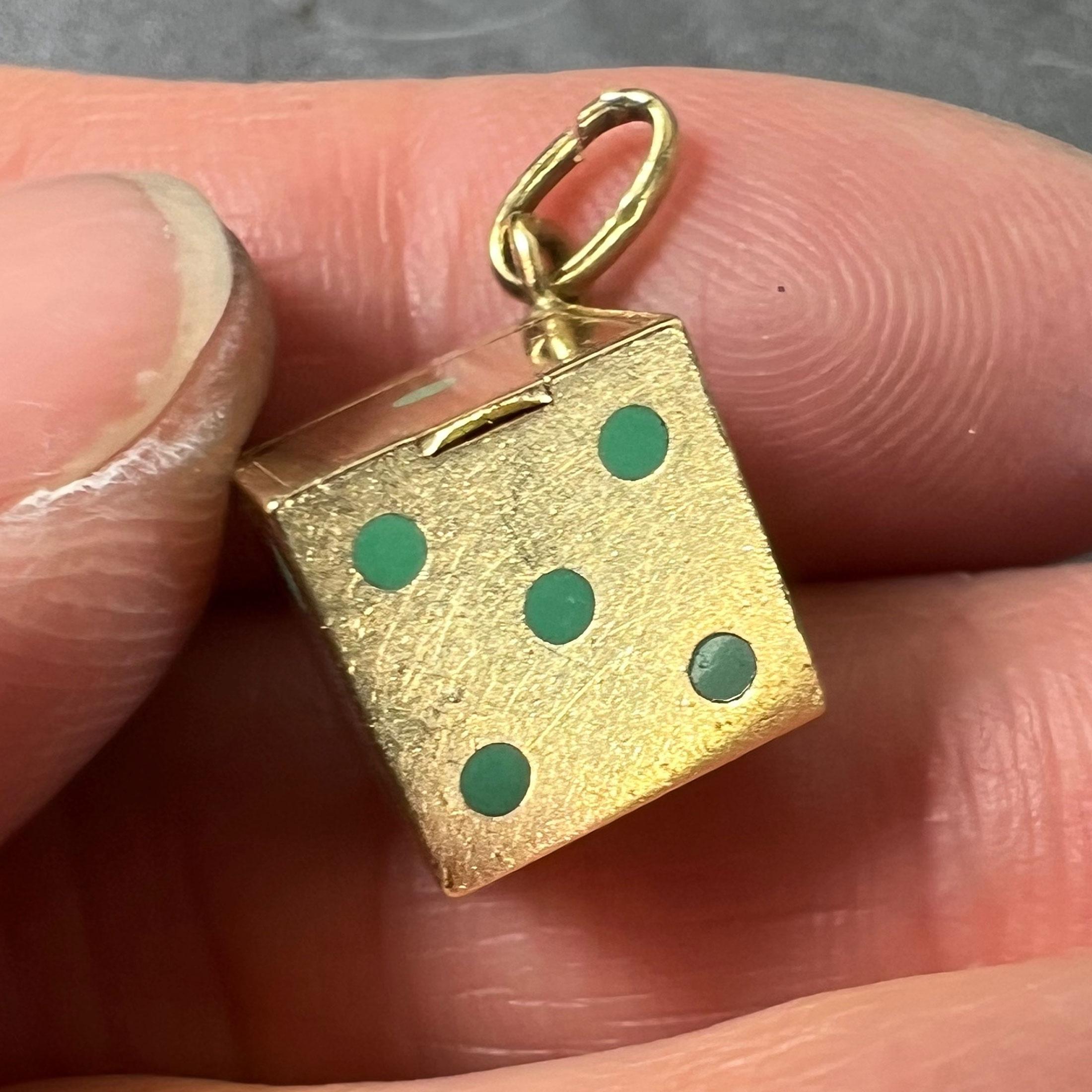 French Art Deco Die with Miniature Dice 18K Yellow Gold Enamel Charm Pendant For Sale 5