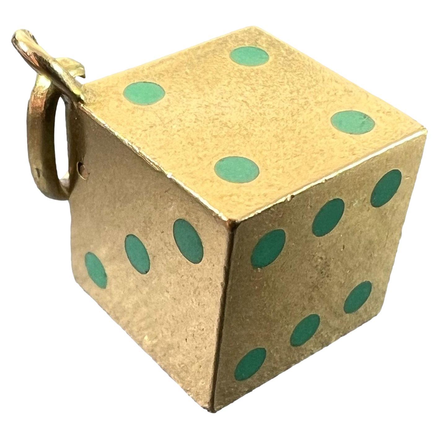 French Art Deco Die with Miniature Dice 18K Yellow Gold Enamel Charm Pendant For Sale