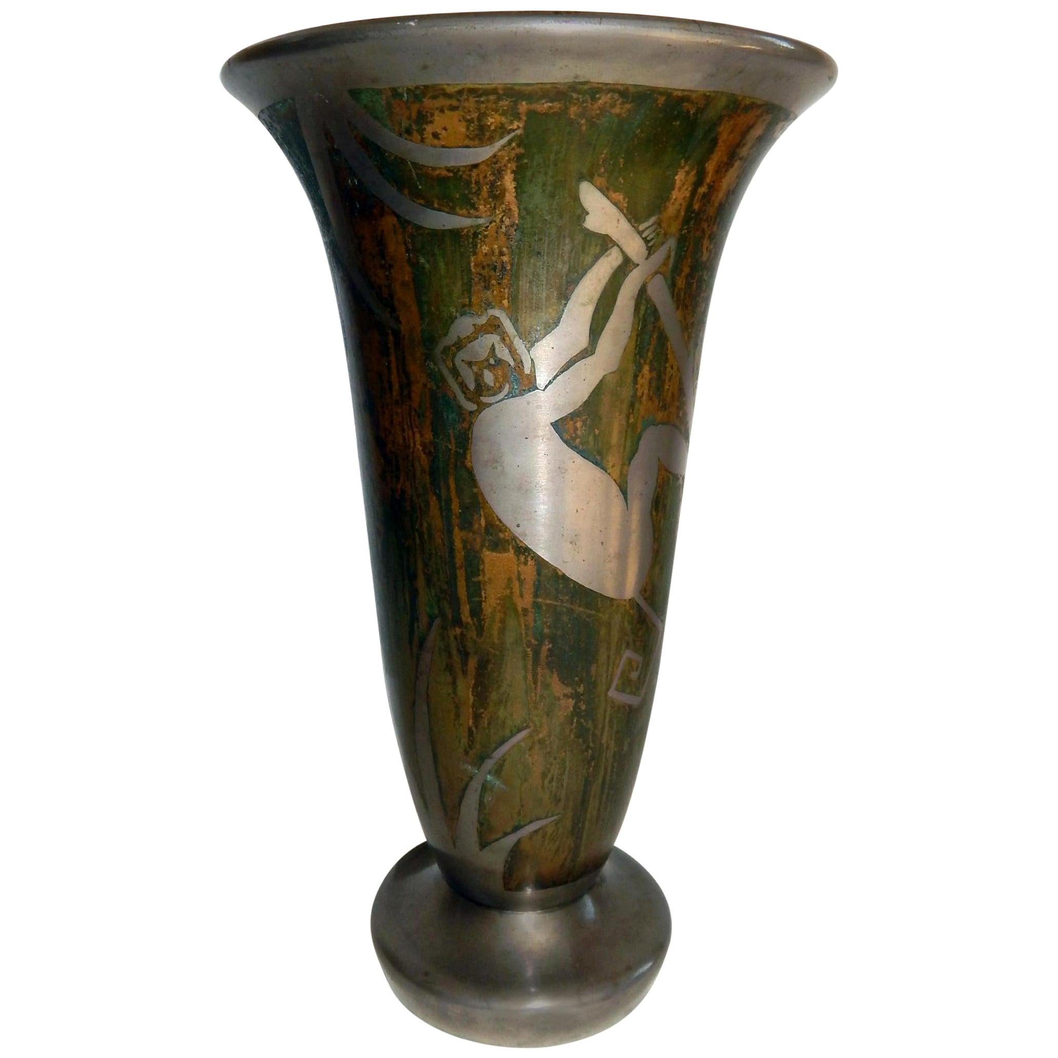 French Art Deco Dinanderie Metalware Vase Signed George For Sale