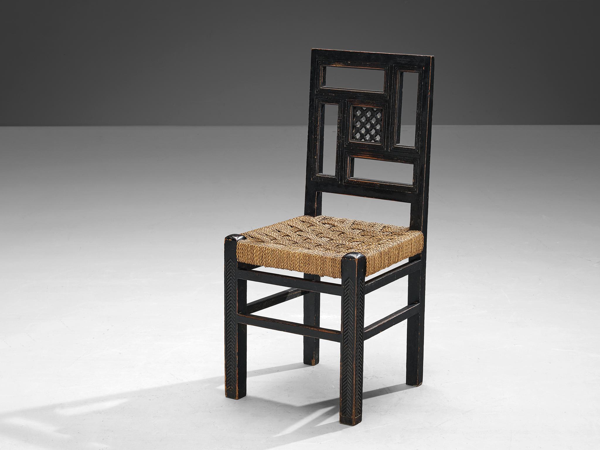 Dining chair, darkened pine, straw, France, 1930s

This lovely chair made in France in the 1930s, displays a charming and rustic elegance. The type of upholstery and construction, give the chair a character of its own. Traditionally, with these type