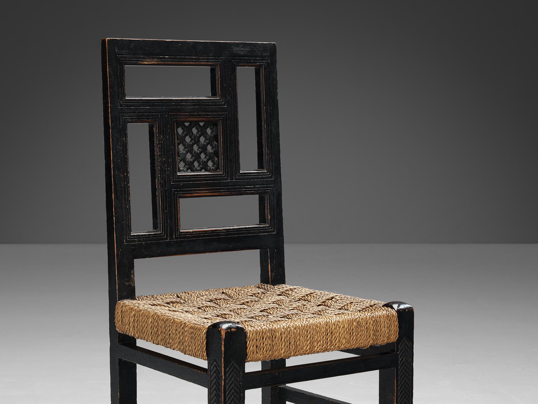 French Art Deco Dining Chair with Straw Seat and Geometrical Backrest For Sale 1
