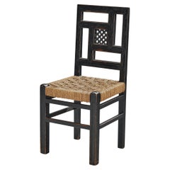 Chaise de salle à manger Art déco française avec assise en paille et dossier géométrique