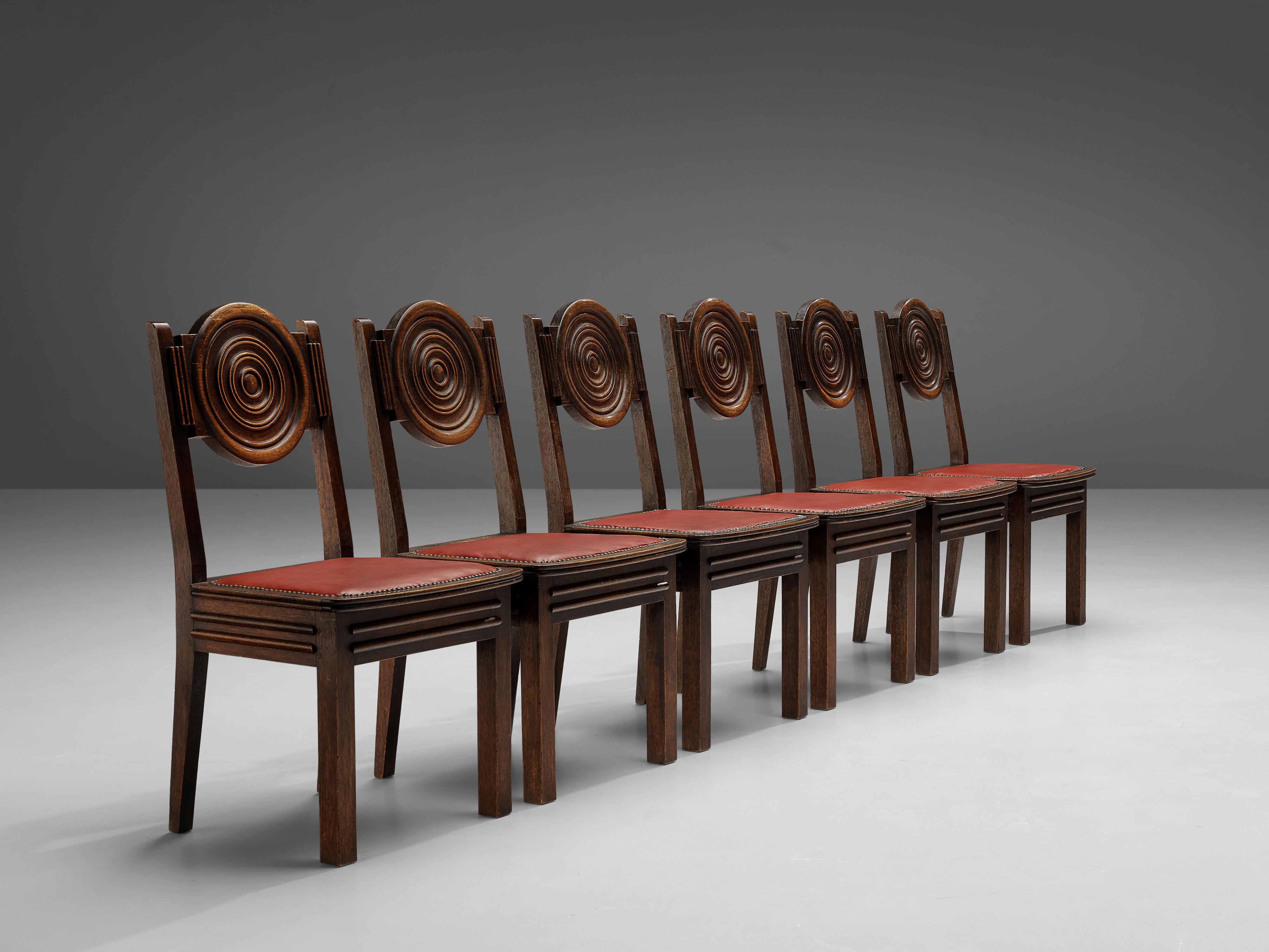 French Art Deco Set of Six Dining Chairs in Stained Oak and Red Leatherette For Sale 1