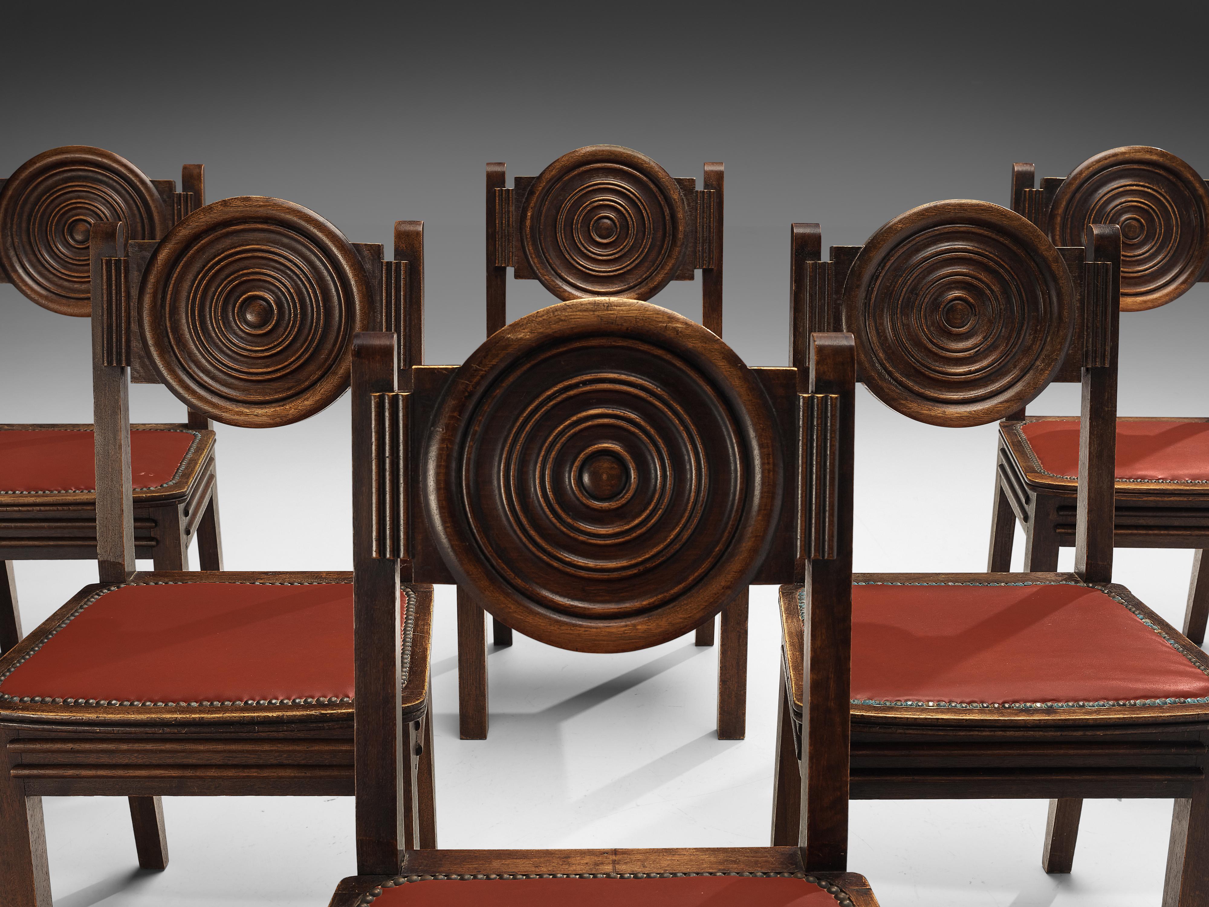French Art Deco Set of Six Dining Chairs in Stained Oak and Red Leatherette For Sale 2
