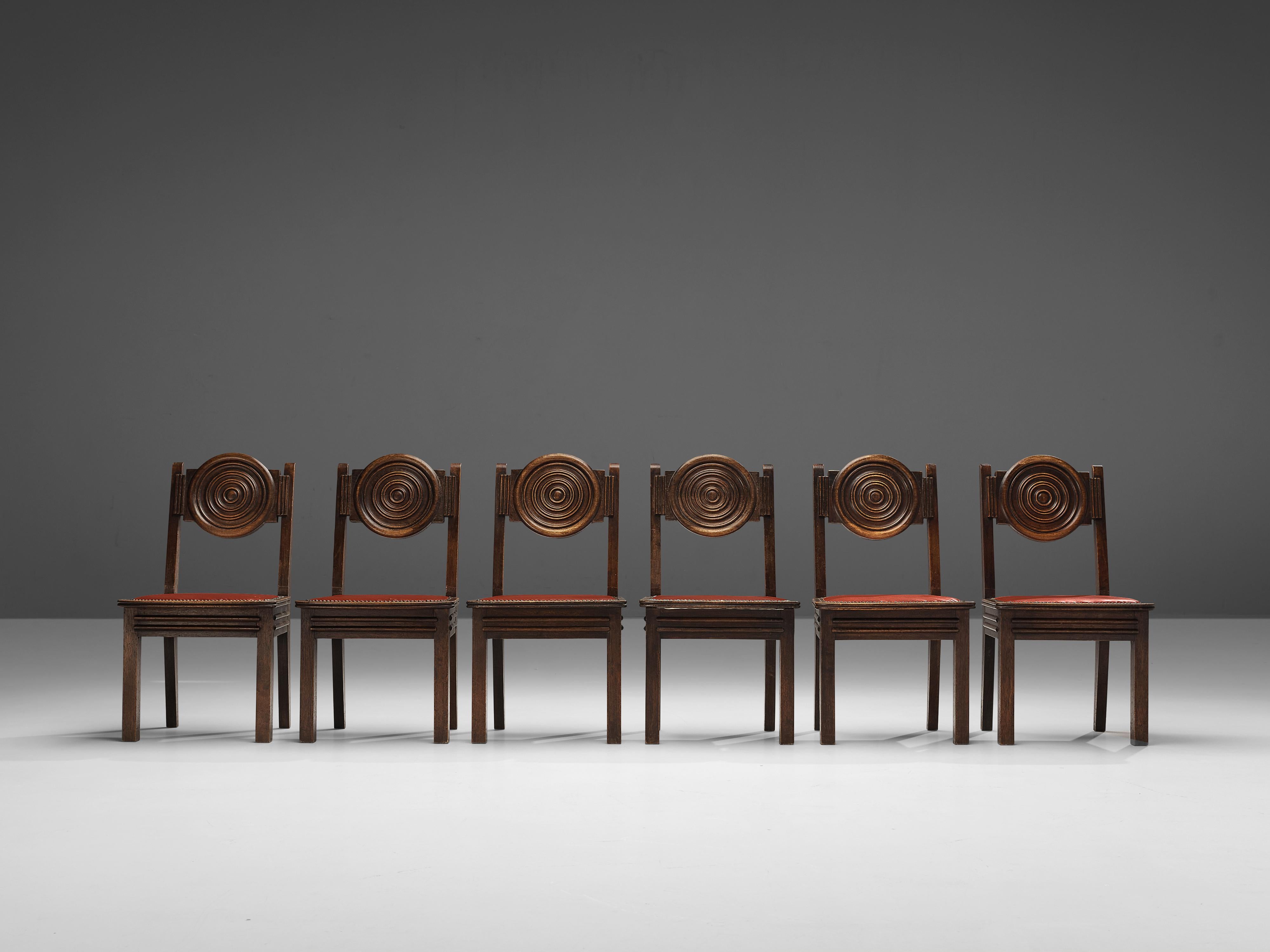 Französisches Art-déco-Set aus sechs Esszimmerstühlen aus gebeizter Eiche und rotem Leder im Angebot 2