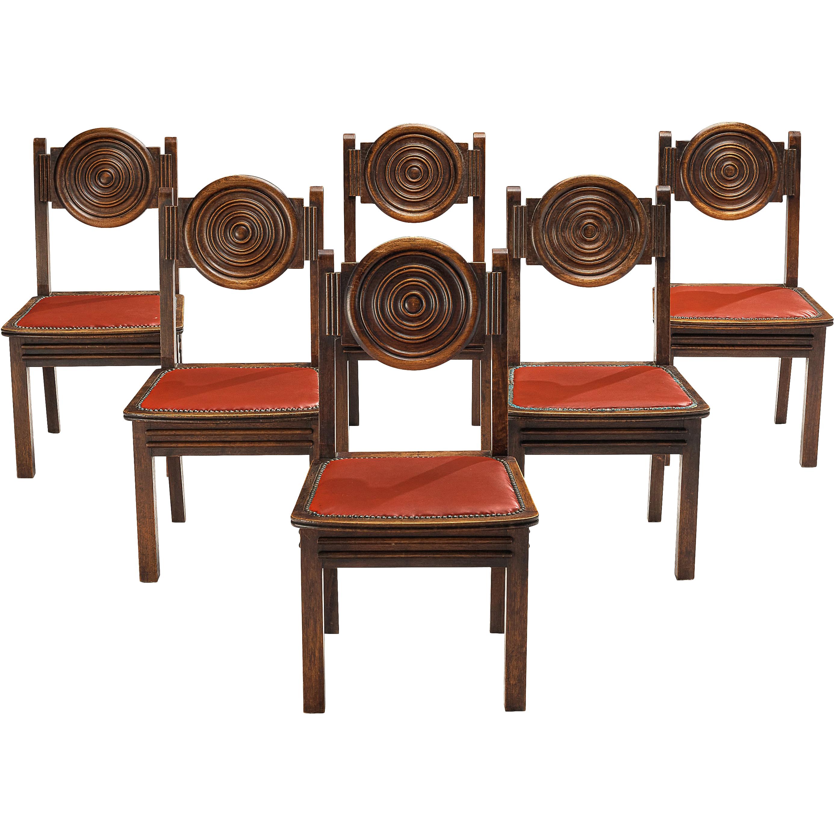 French Art Deco Set of Six Dining Chairs in Stained Oak and Red Leatherette For Sale