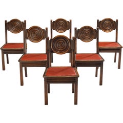 Vintage French Art Deco Set of Six Dining Chairs in Stained Oak and Red Leatherette