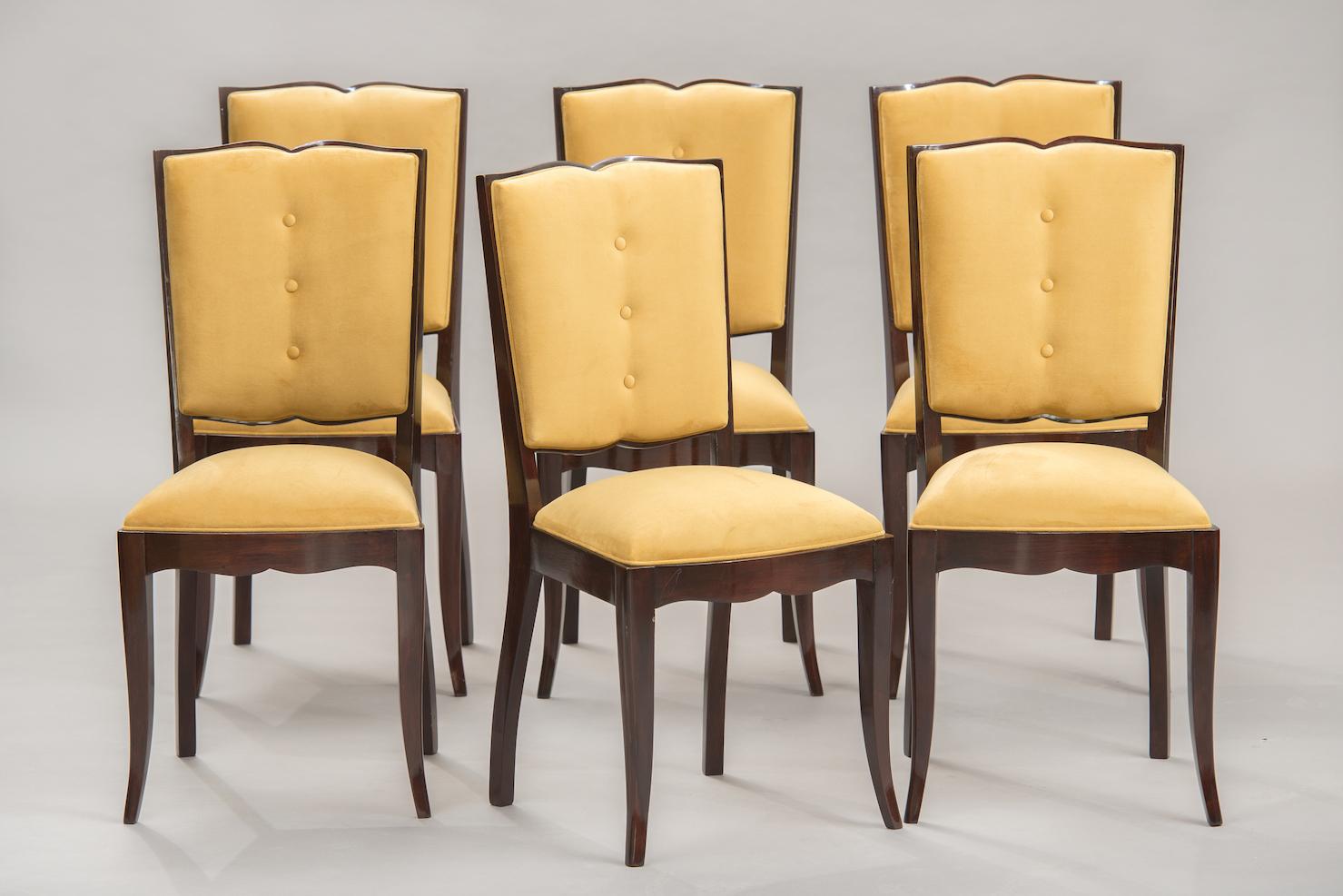 Set of 6 French Art Deco Moustache chairs, darkened wood reupholstered in mustard velvet.