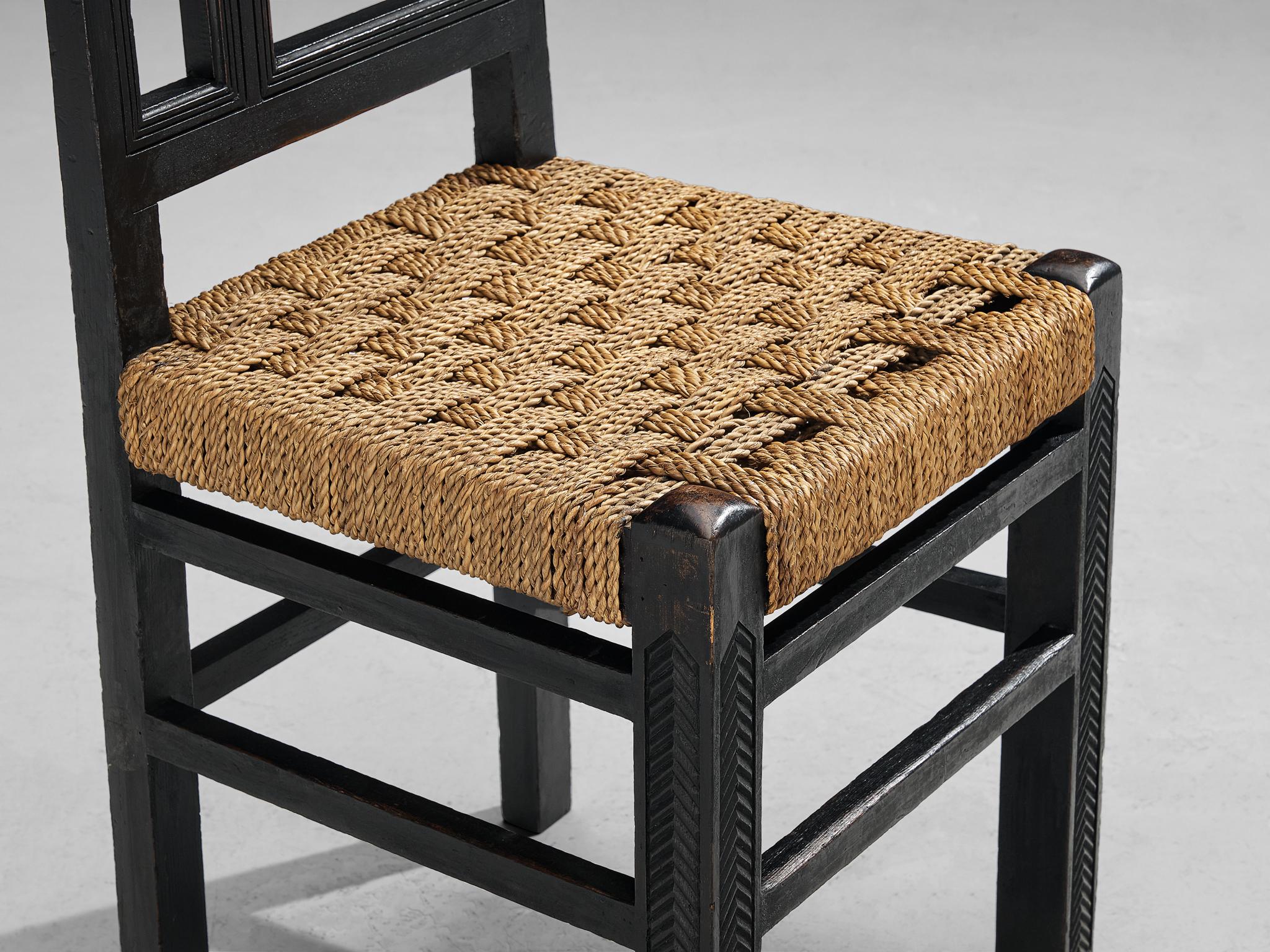 Mid-20th Century French Art Deco Dining Chairs with Straw Seats and Geometrical Backrests For Sale