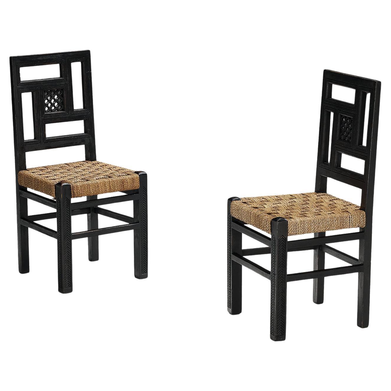 French Art Deco Dining Chairs with Straw Seats and Geometrical Backrests For Sale
