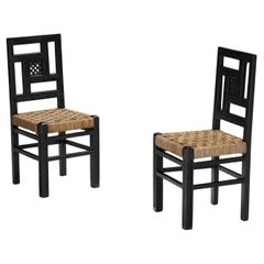 French Art Deco Dining Chairs with Straw Seats and Geometrical Backrests