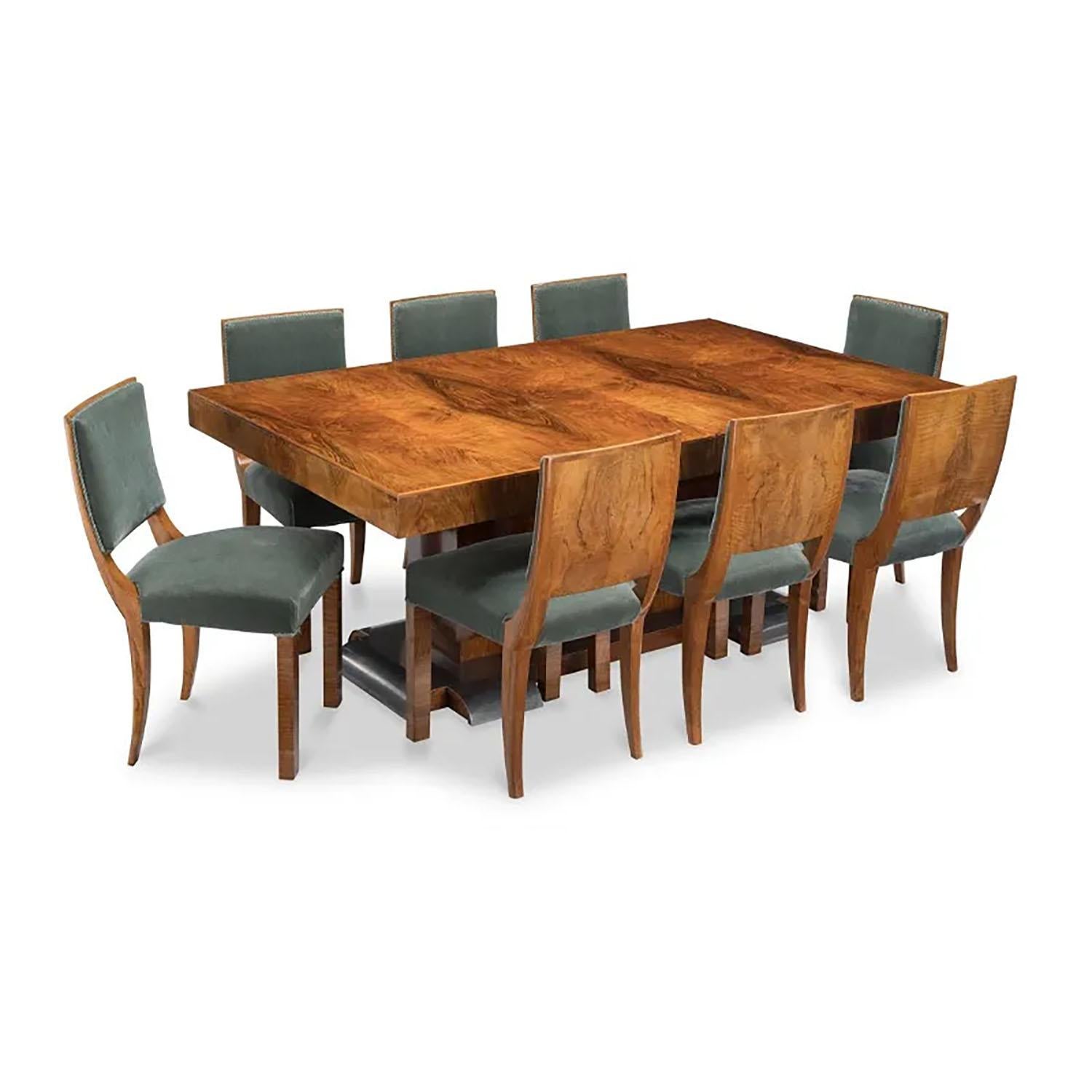 Plaqué Table de salle à manger Art déco attribuée à Dominique magnifique bois de ronce et nickel en vente