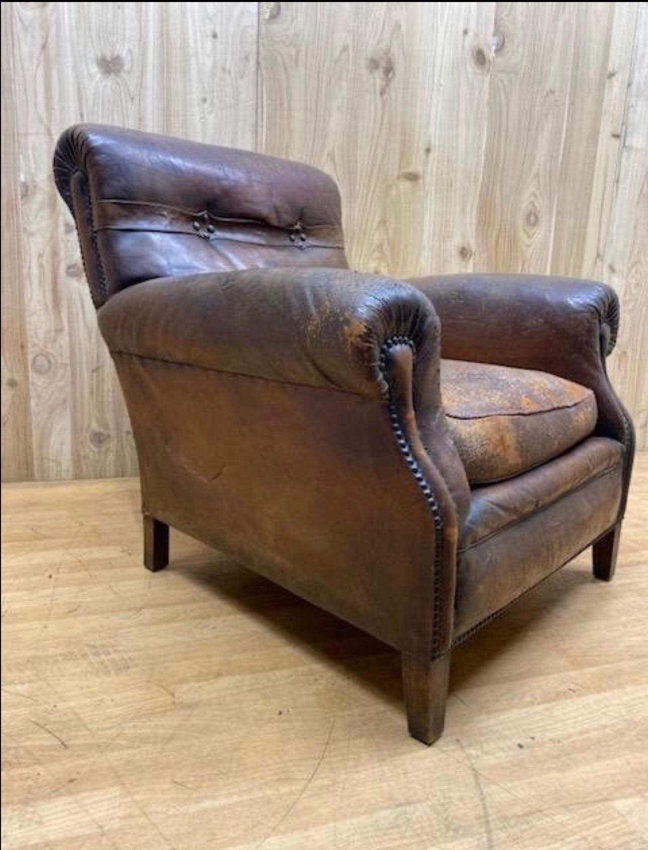 French Art Deco Distressed Brown Leather Club Chair

The Lounge is being offered with it’s original distressed leather with nicely worn patina adding to its chic look and style. 
 
circa 1930

H 35