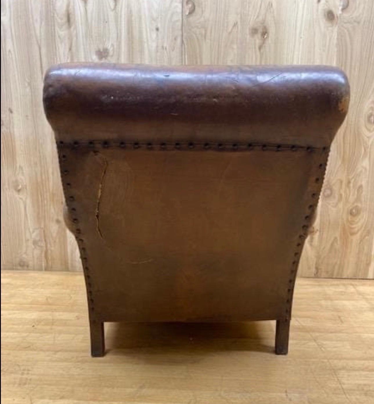 Hand-Crafted French Art Deco Distressed Brown Leather Club Chair For Sale