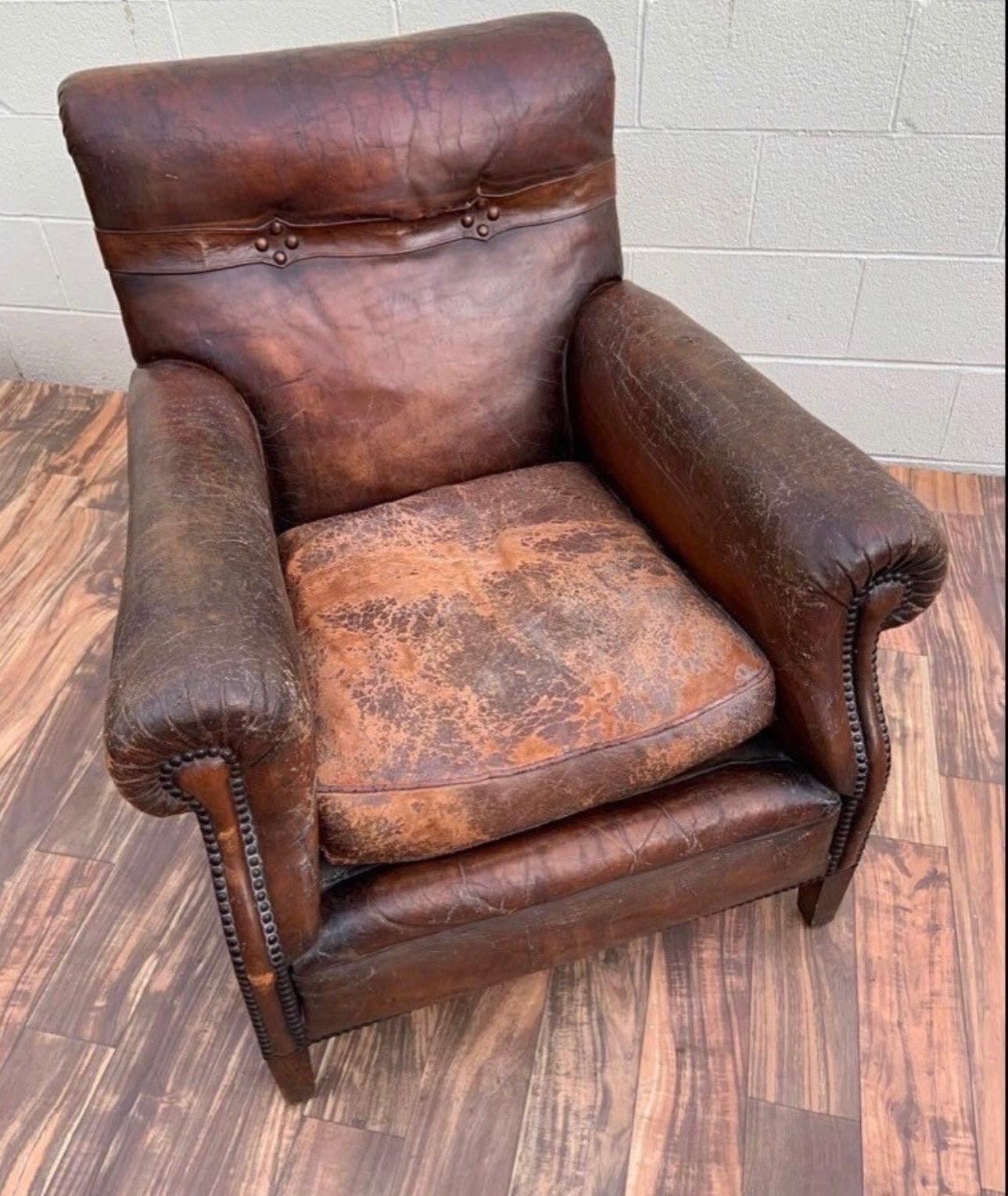 Mid-20th Century French Art Deco Distressed Brown Leather Club Chair For Sale