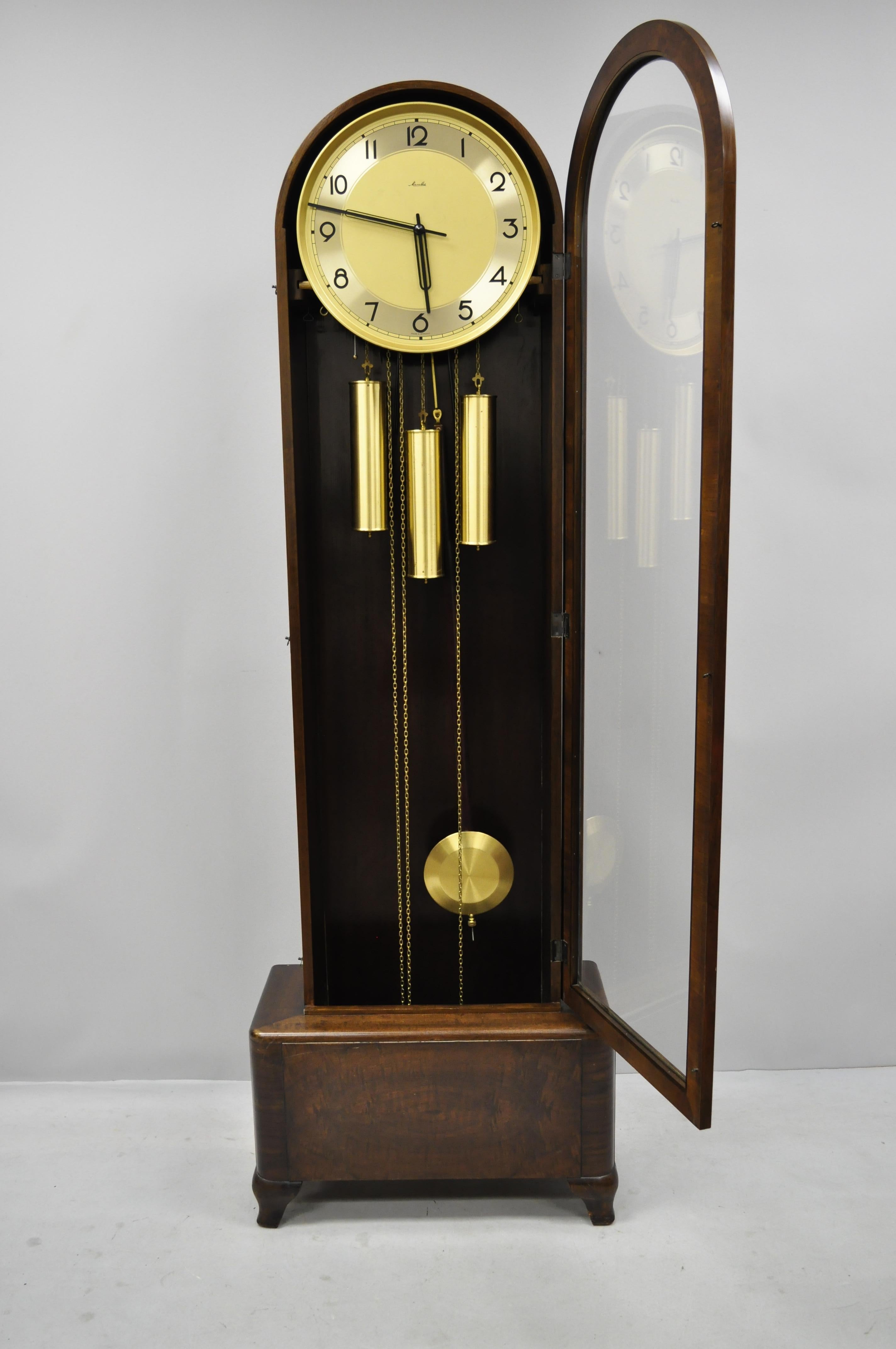 French Art Deco Dome Top Mahogany Grandfather Clock by Mauthe Westminster Chime 4